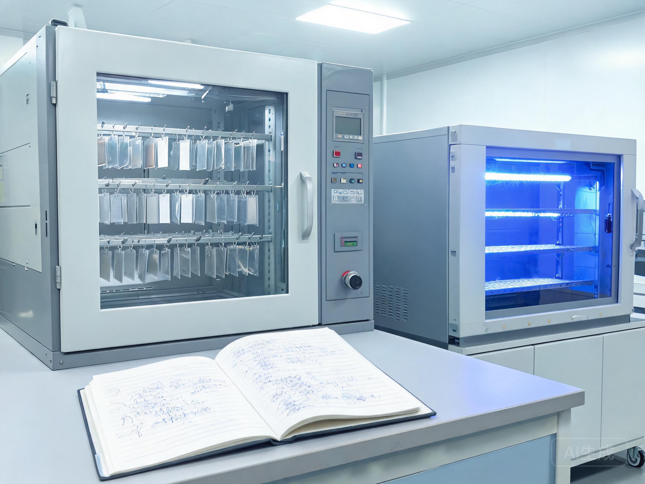 Laboratory aging test with PPF samples in a humidity chamber, UV cabinet, and recorded test conditions.