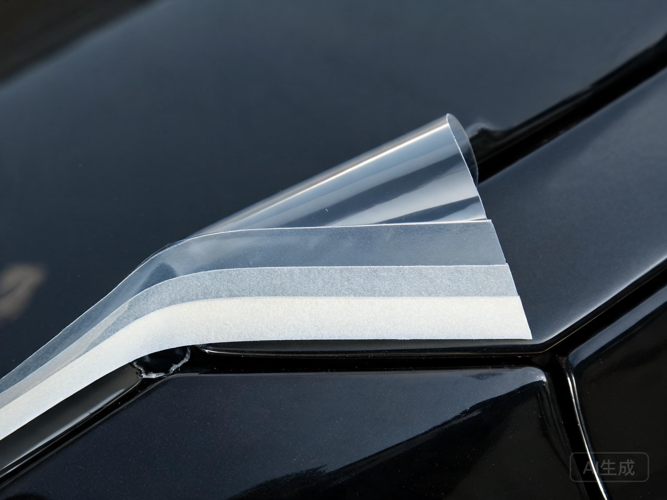 Close-up of a multilayer PPF sample revealing substrate, topcoat, adhesive, and liner layers.