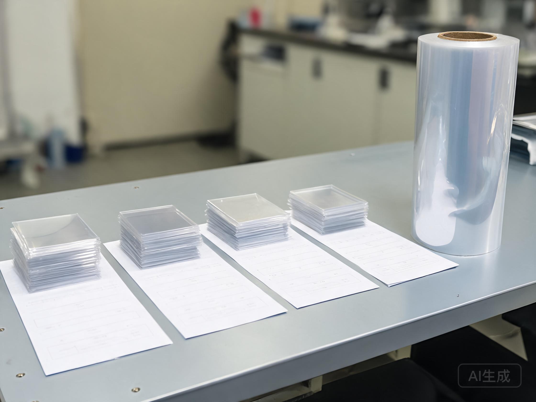Materials comparison with polymer film samples, technical data sheets, and a finished PPF roll on a workbench.