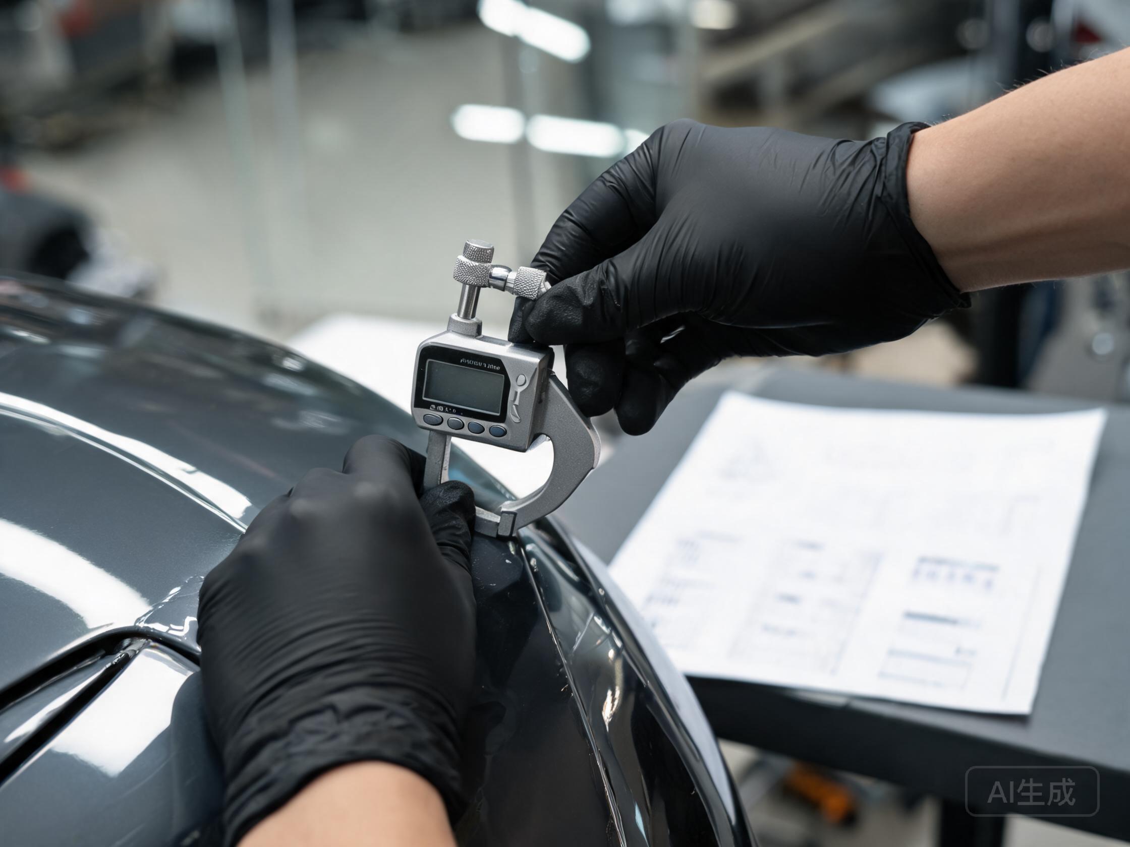 Installer measuring PPF thickness with a micrometer against the product specification sheet.