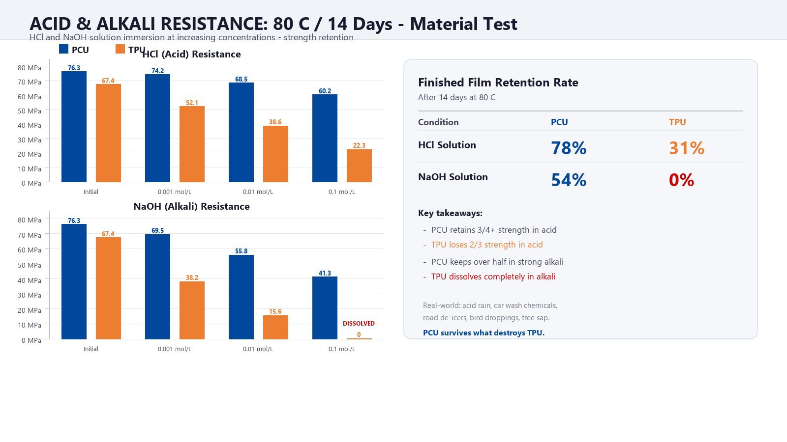 Bar charts: acid and alkali resistance of PCU and TPU materials after 14 days at 80C with finished film retention rates