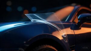 PCU vs TPU comparison: automotive paint protection film on luxury car, professional product photography, SHIELD SPIRIT