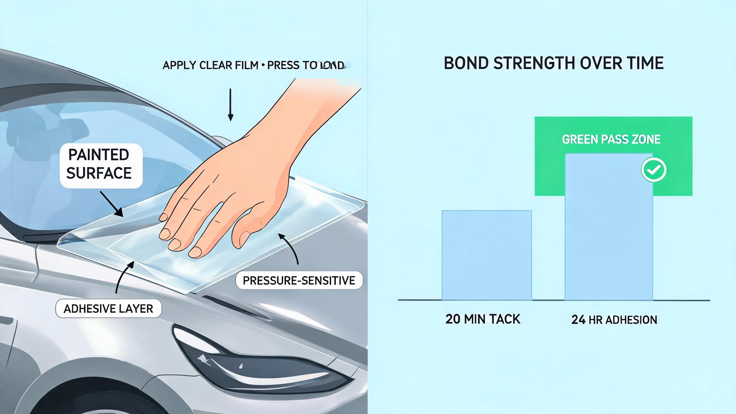 Cartoon illustrating the PPF adhesive layer gripping paint, covering tack, 24-hour adhesion, and residue-free removal.