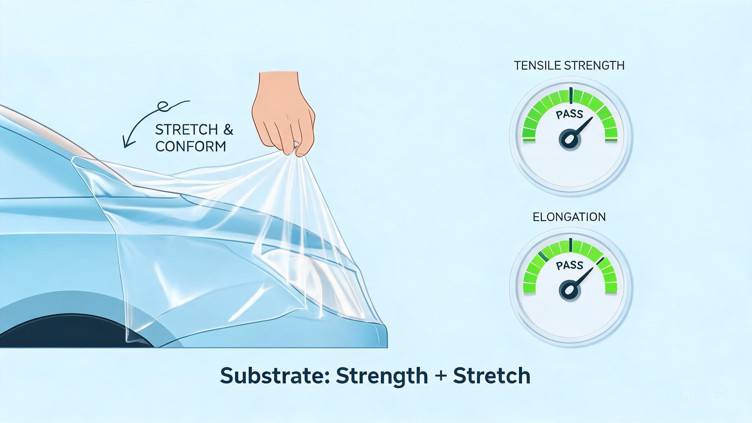 Cartoon of a PCU or TPU PPF substrate being stretched around a curved car panel without tearing.