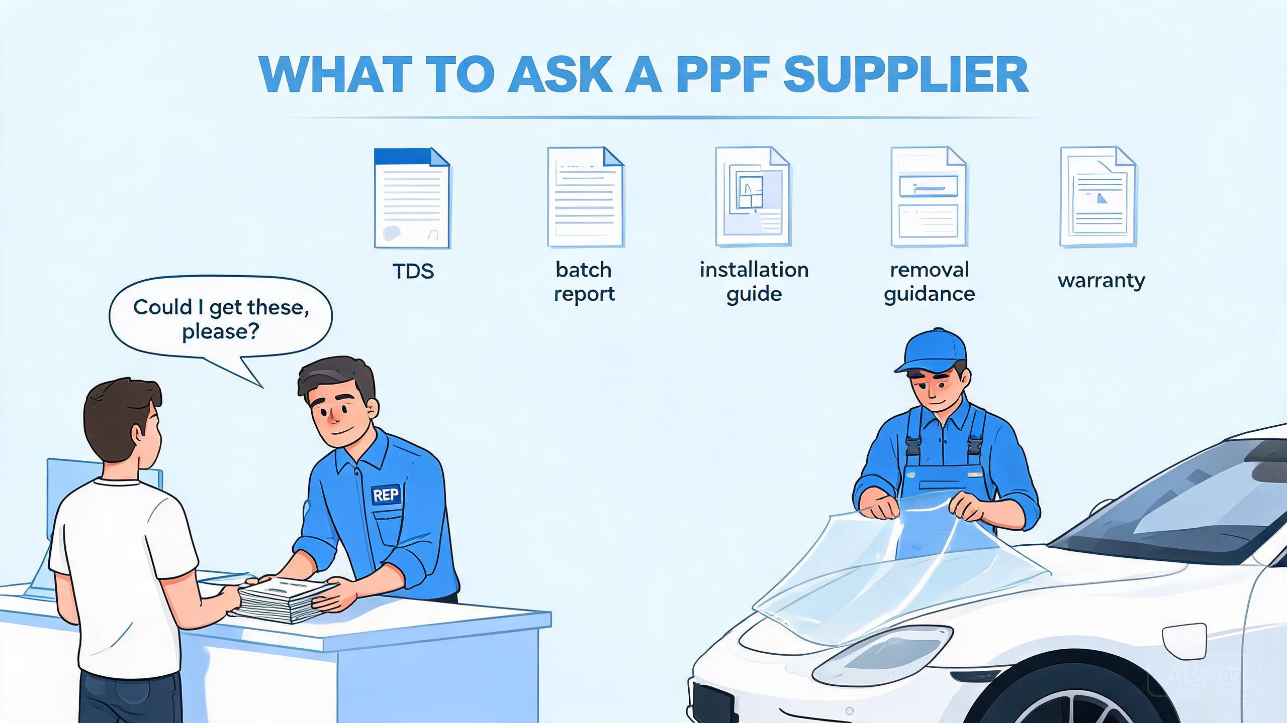 Cartoon checklist showing the technical documents and support a qualified PPF manufacturer should provide buyers.