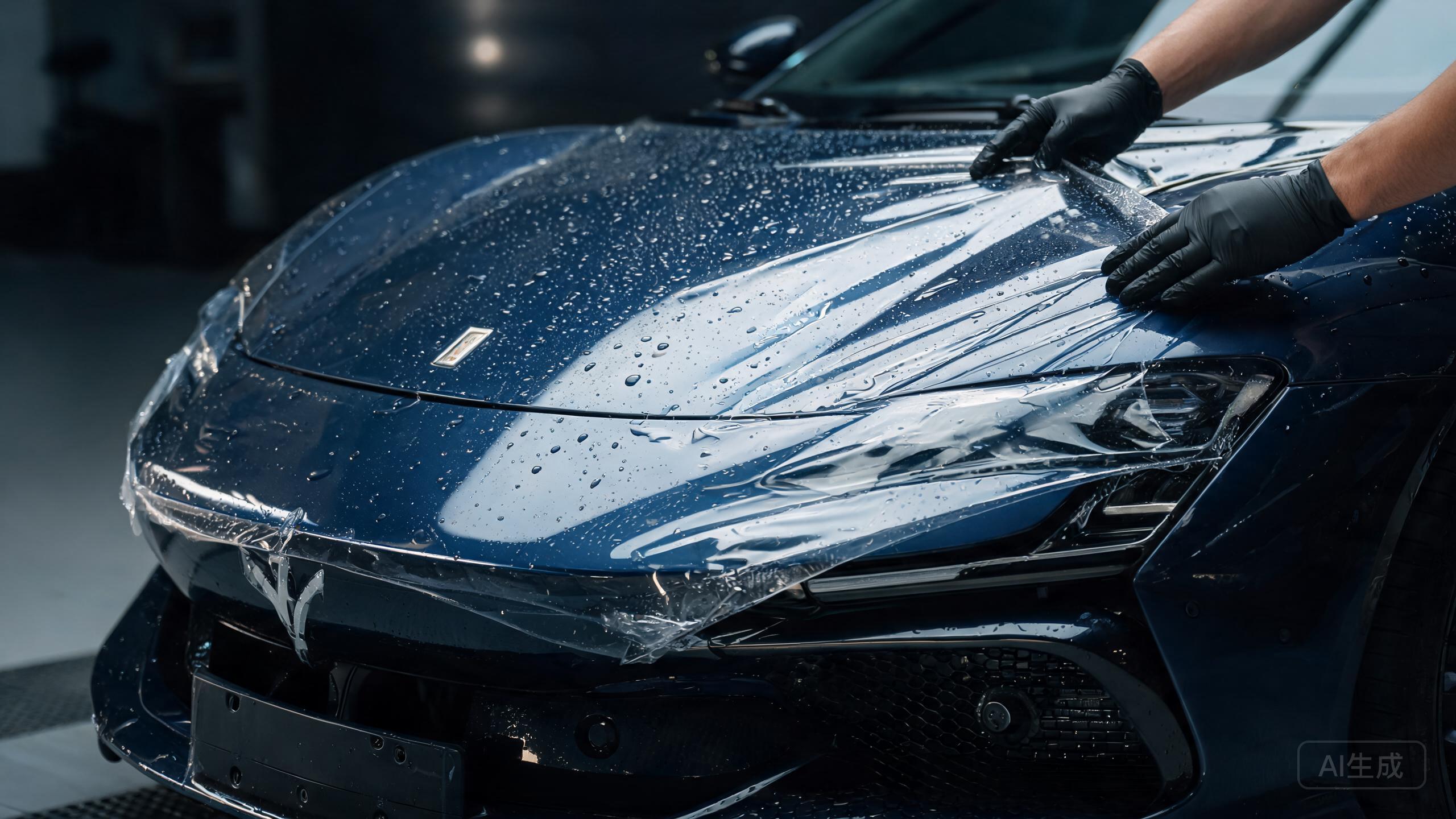 Professional installer applying SHIELD SPIRIT paint protection film to a car hood in a clean detail shop.