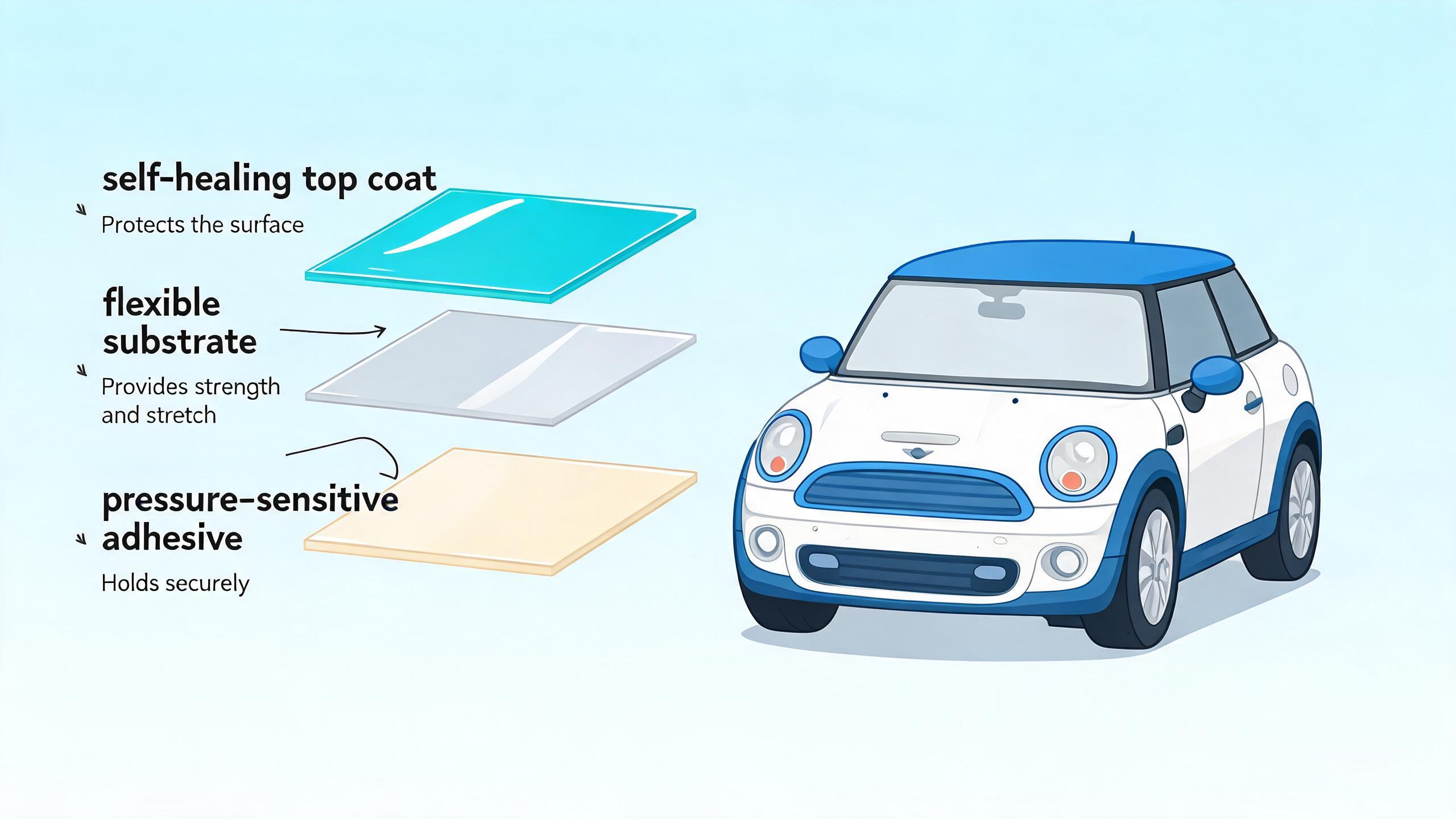 Cartoon cross-section explaining the top coat, PCU or TPU substrate, and adhesive layers of paint protection film.