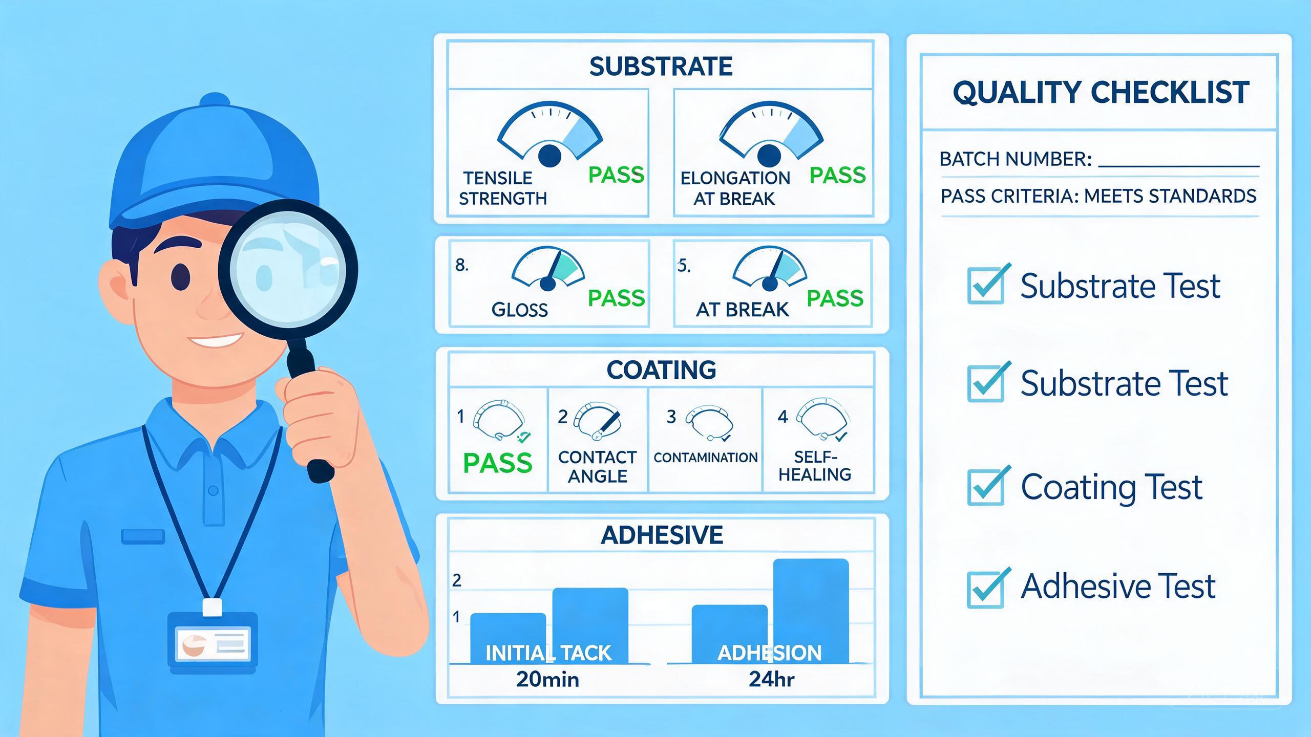 Cartoon guide to key PPF quality checks for substrate, top coat, adhesive, batch traceability, and finished-film inspection.