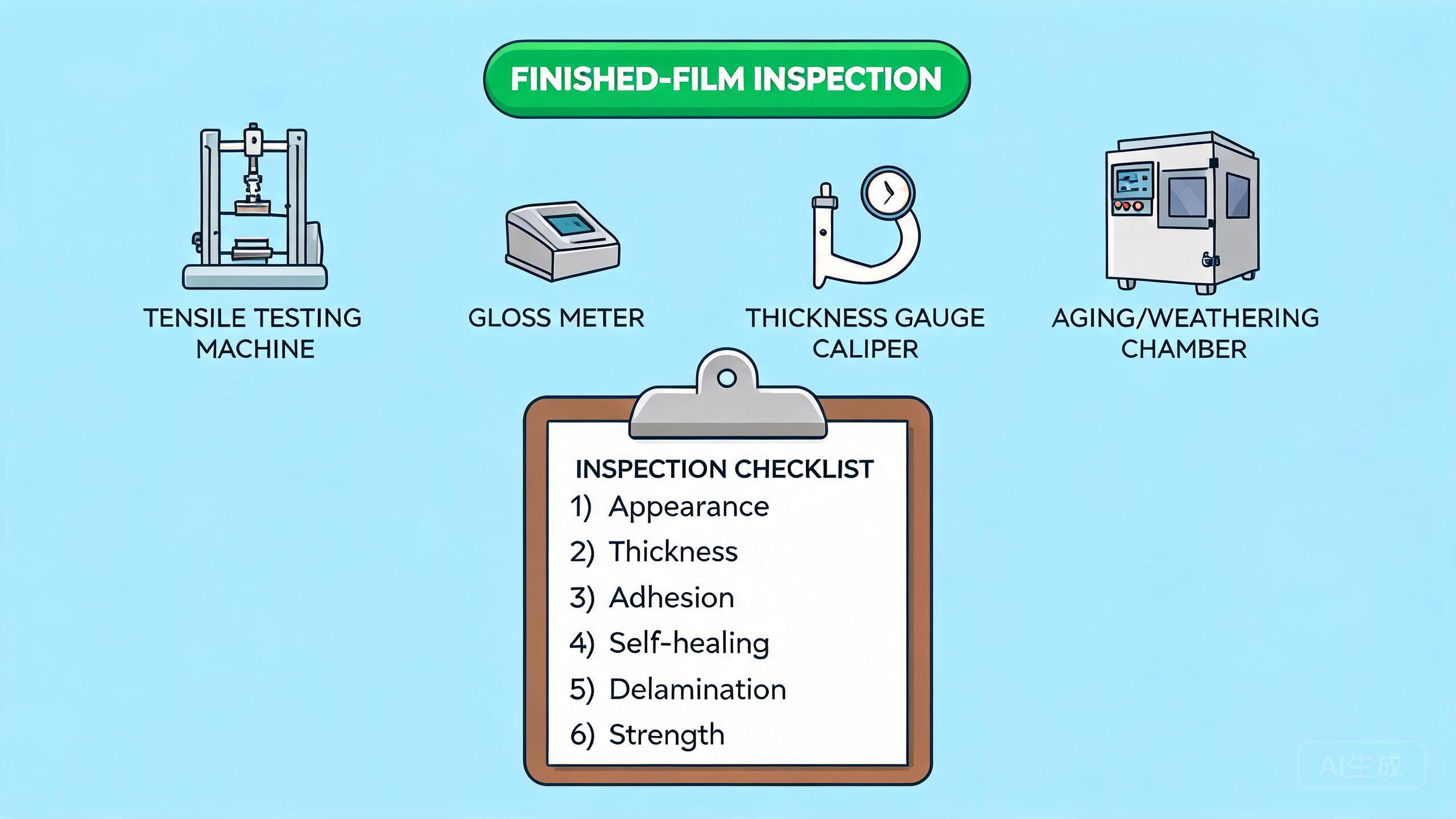 Cartoon of a paint protection film test laboratory measuring thickness, adhesion, and weathering of finished film.