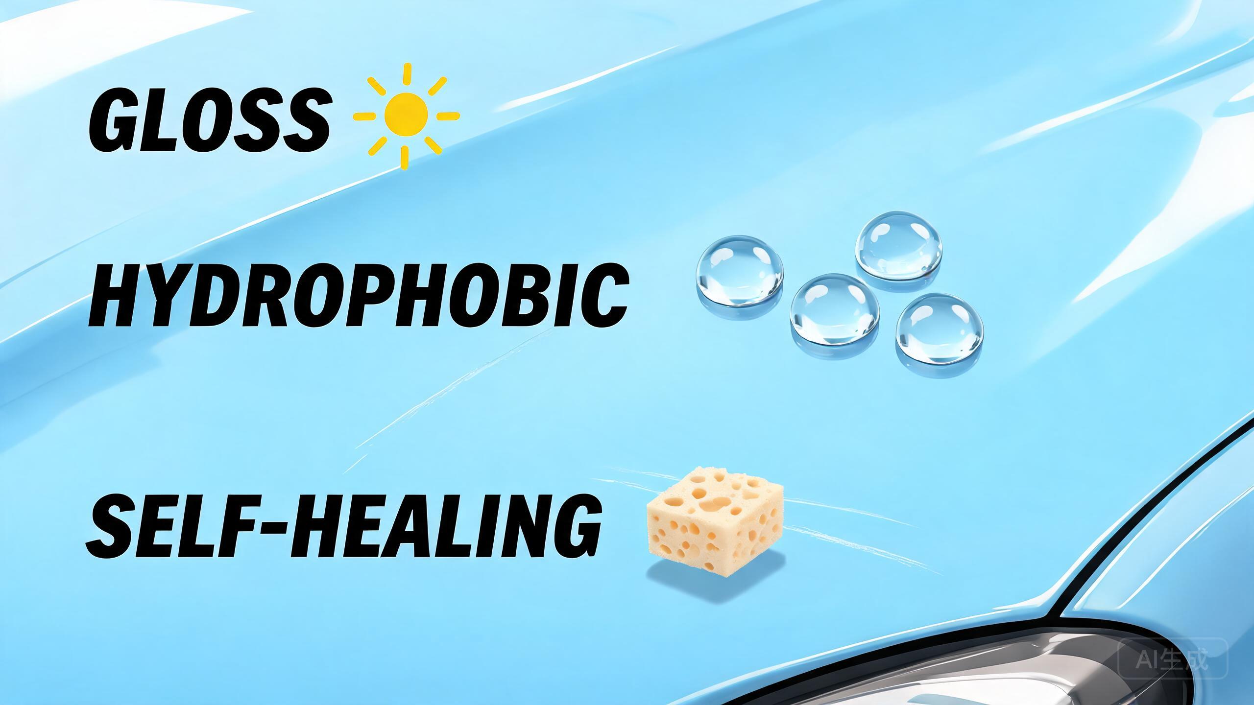 Cartoon of water beading off a hydrophobic PPF top coat surface after a car wash.