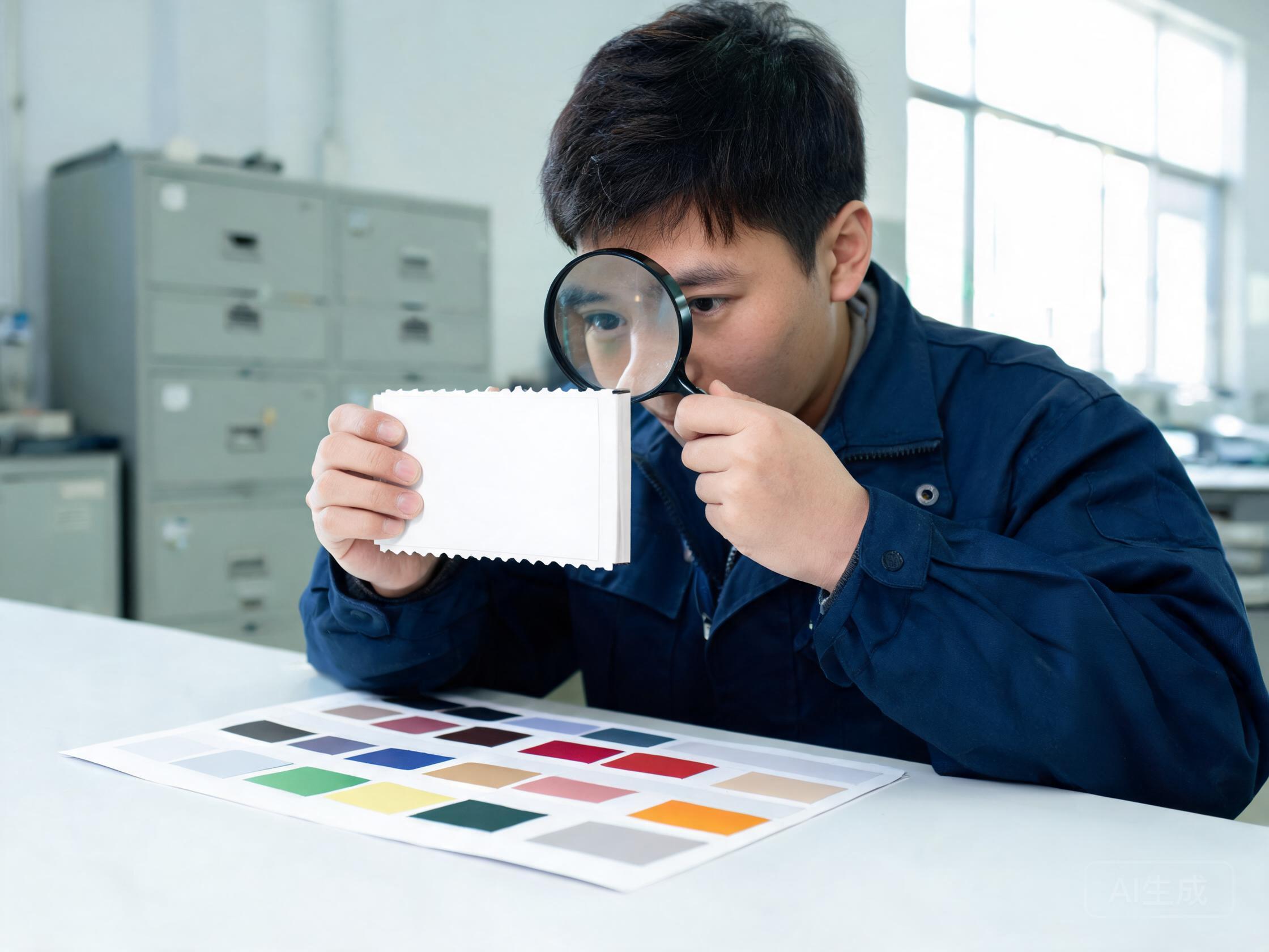 Inspector comparing a printed PPF carton label against the approved colour reference