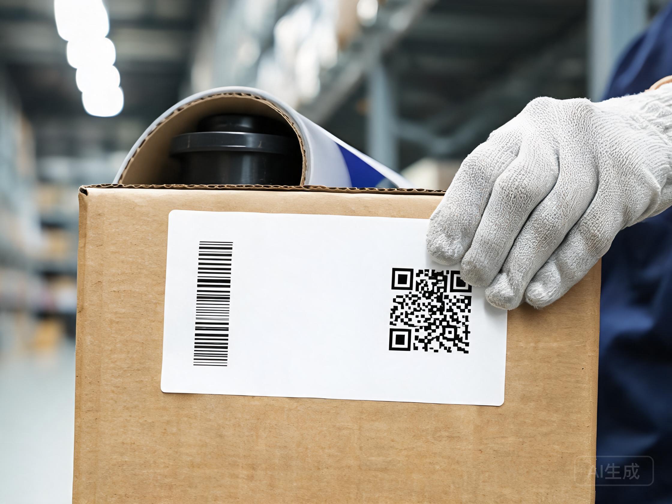Barcode and QR shipping label applied to a PPF roll carton for traceability