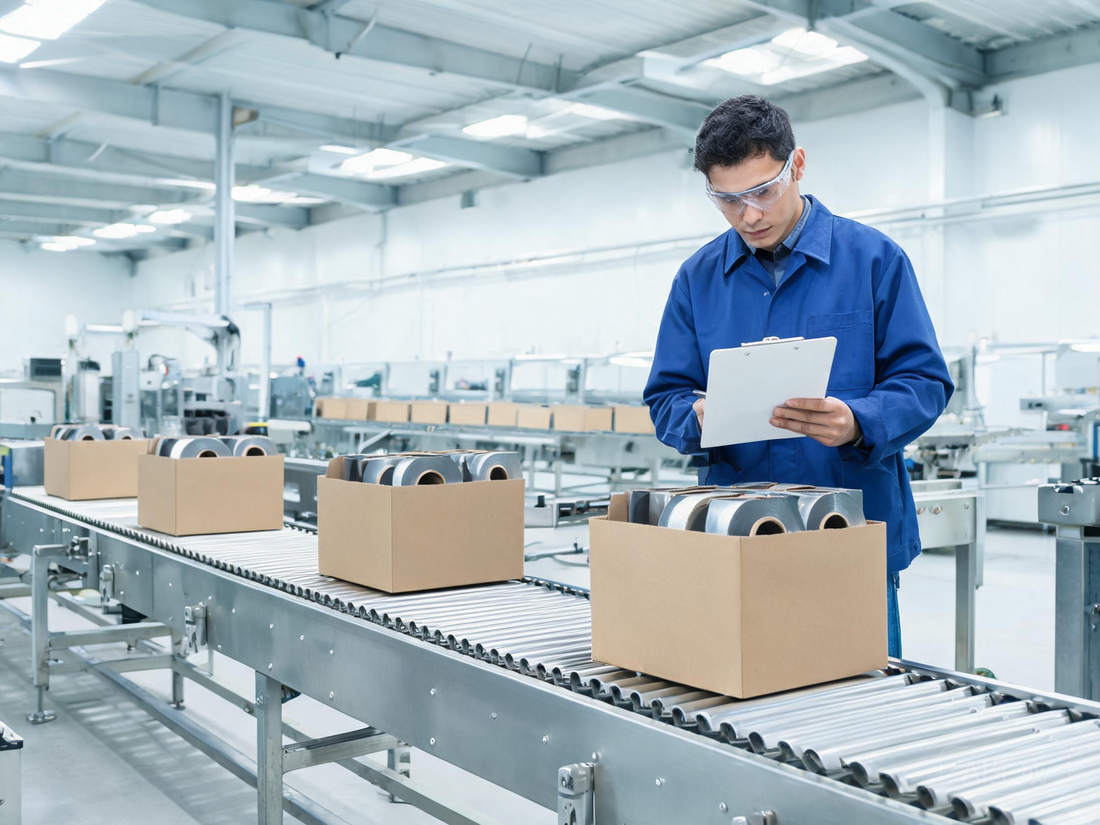 Quality inspector checking finished PPF rolls packaged on the production line