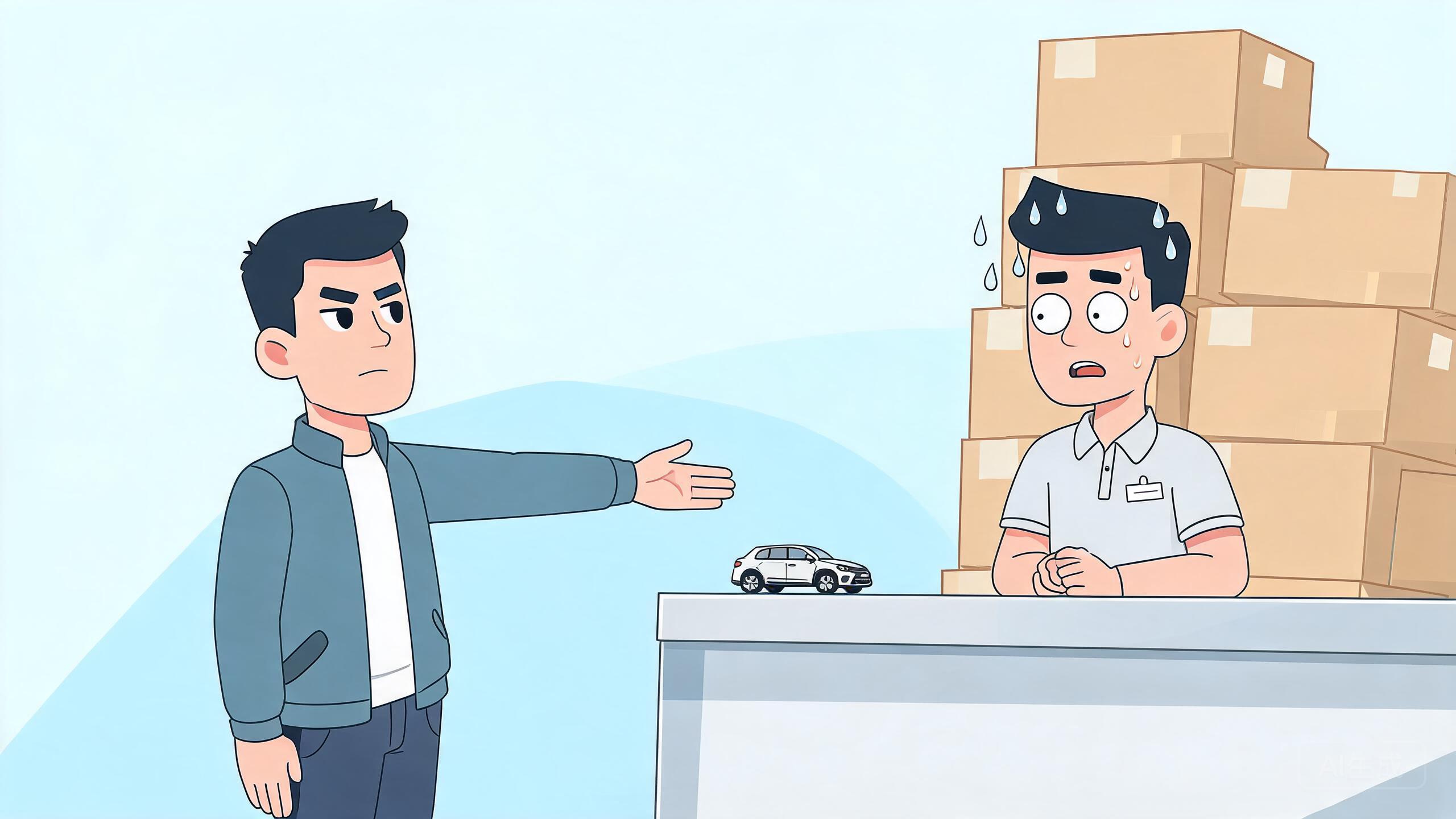 Confident car owner demanding the batch inspection report from a nervous dealership salesperson, cartoon scene.