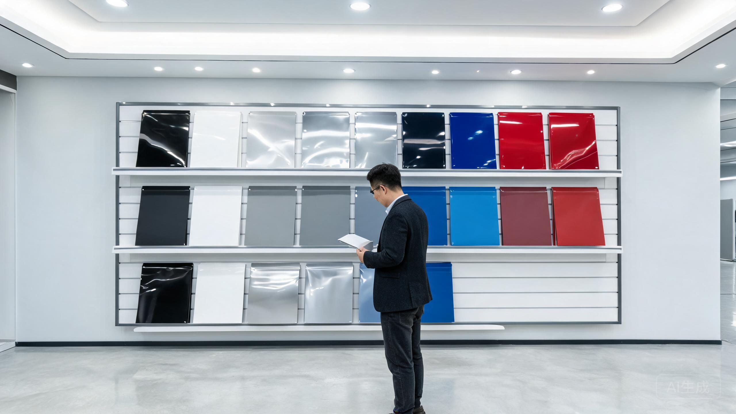 PPF OEM factory showroom displaying various film samples in different colors, finishes and packaging options for buyer evaluation.