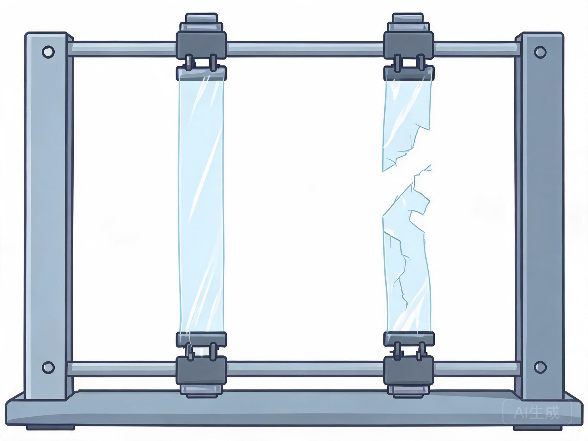 Tensile test machine stretching two PPF film strips; premium film stretches evenly while recycled film tears.