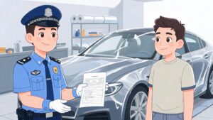 Un agente de policía amable muestra al propietario de un coche el informe de inspección de calidad de la PPF en una tienda de películas; ilustración de dibujos animados sobre la protección del consumidor.