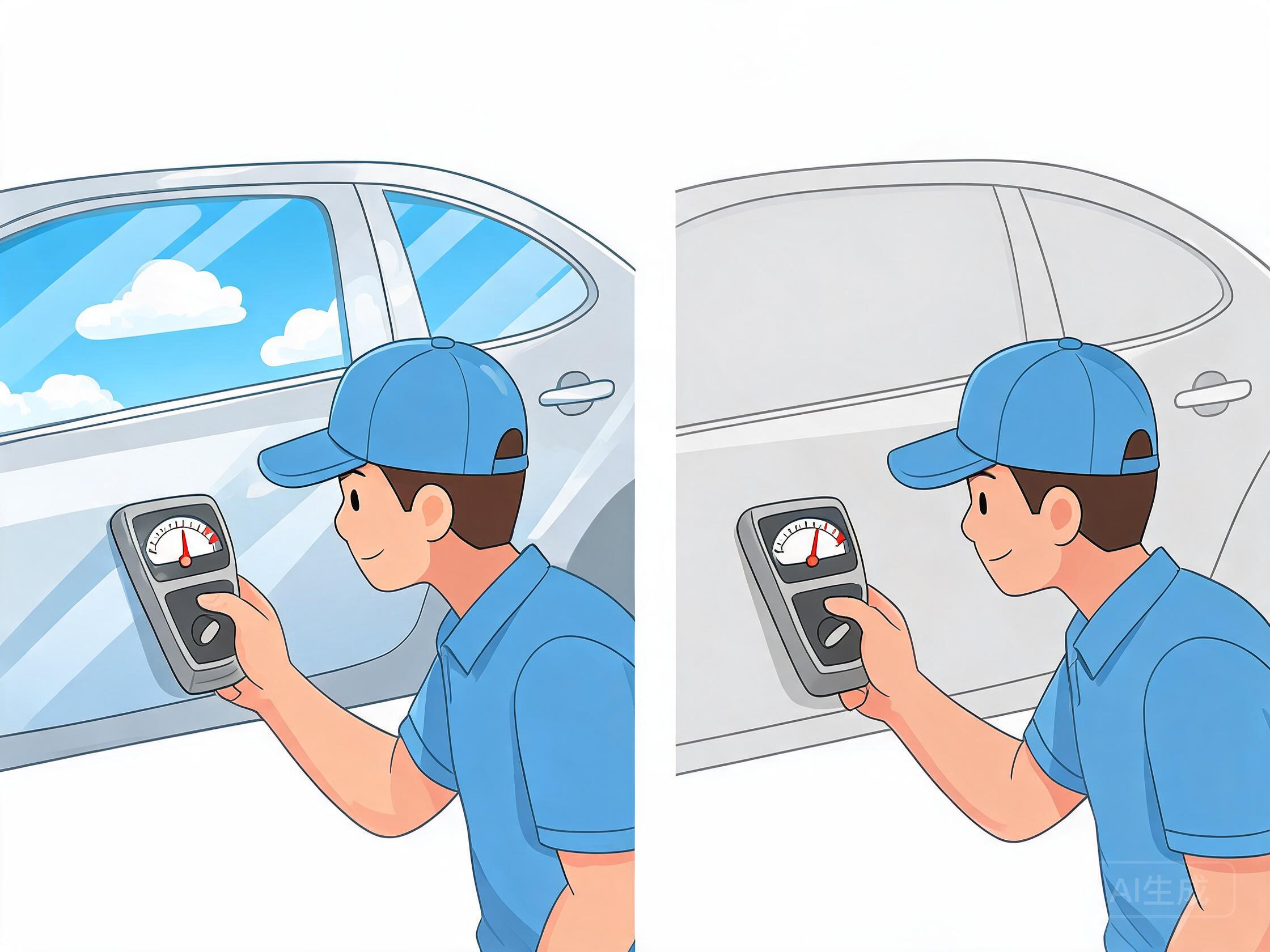 Technician using a gloss meter on a car panel, showing the glossy versus matte finish difference.