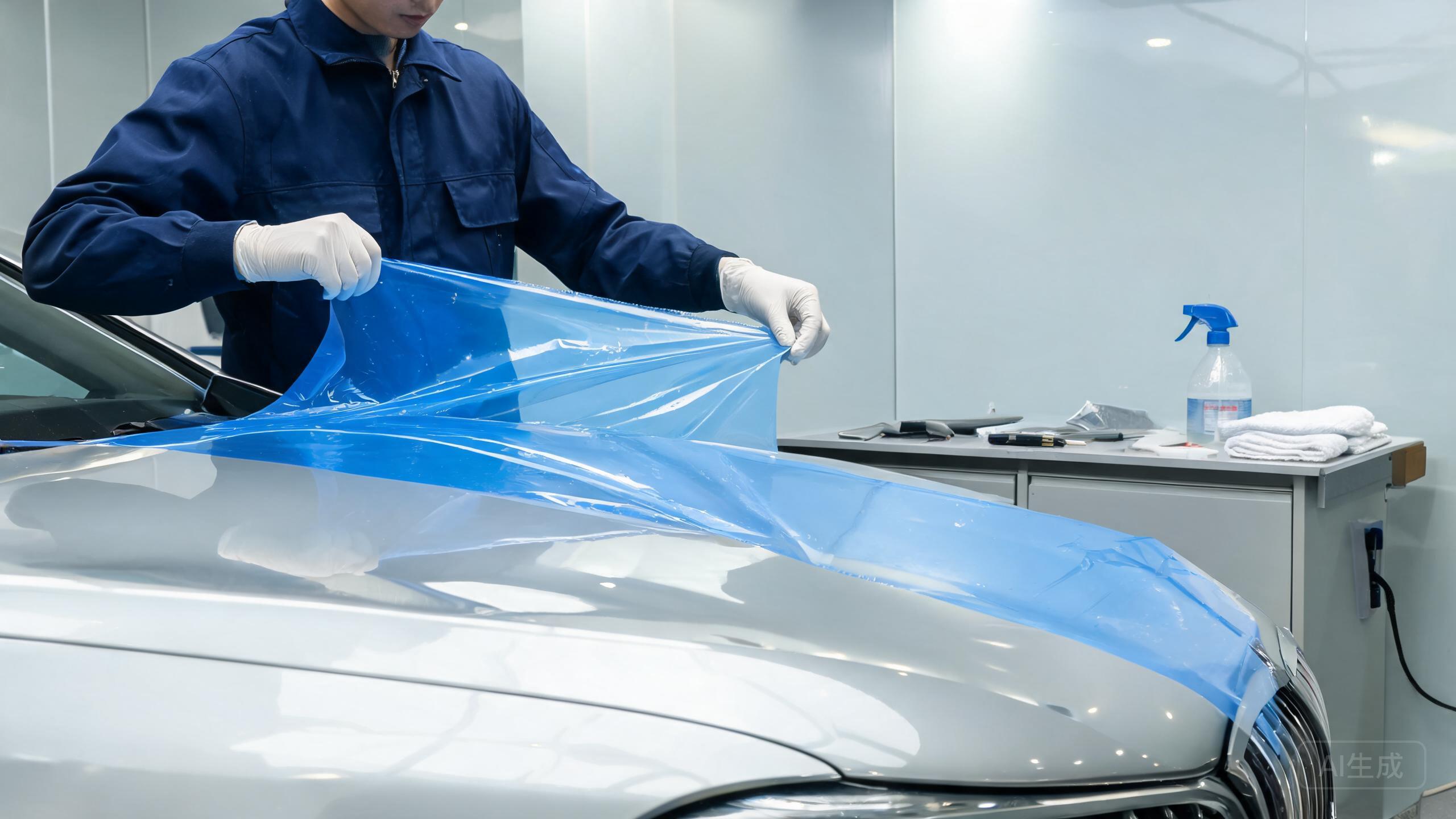 technician installing paint protection film on luxury car