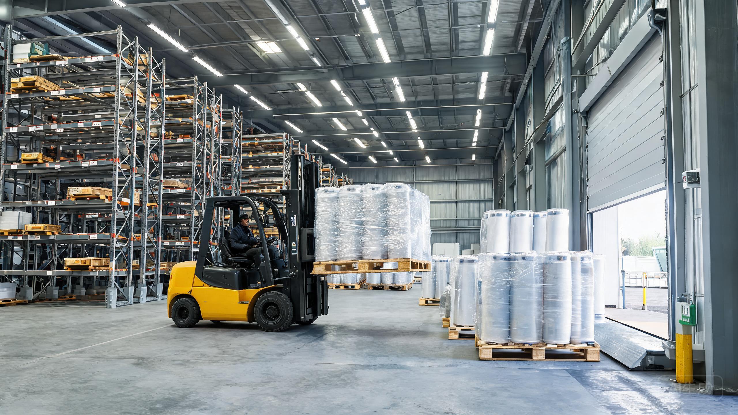 Warehouse logistics scene with pallets of shrink-wrapped PPF film rolls ready for shipping, forklift moving pallets near loading dock.