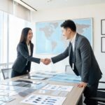 B2B procurement meeting with PPF factory representative and buyer shaking hands over paint protection film samples and product specification sheets.
