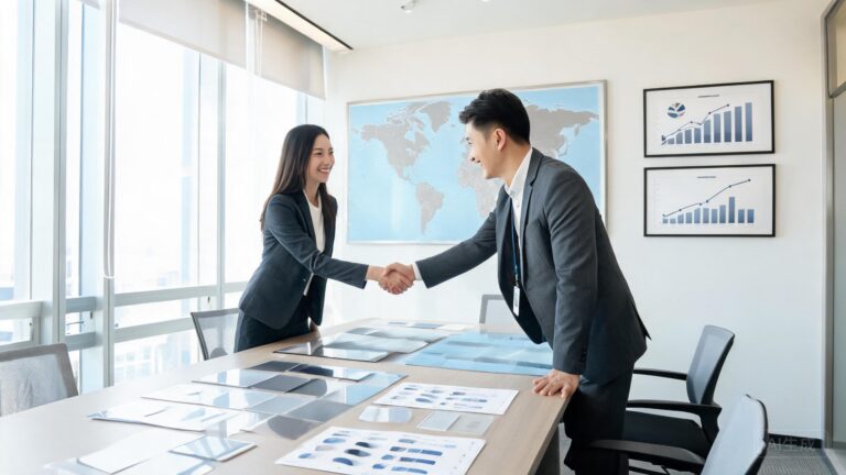 B2B procurement meeting with PPF factory representative and buyer shaking hands over paint protection film samples and product specification sheets.