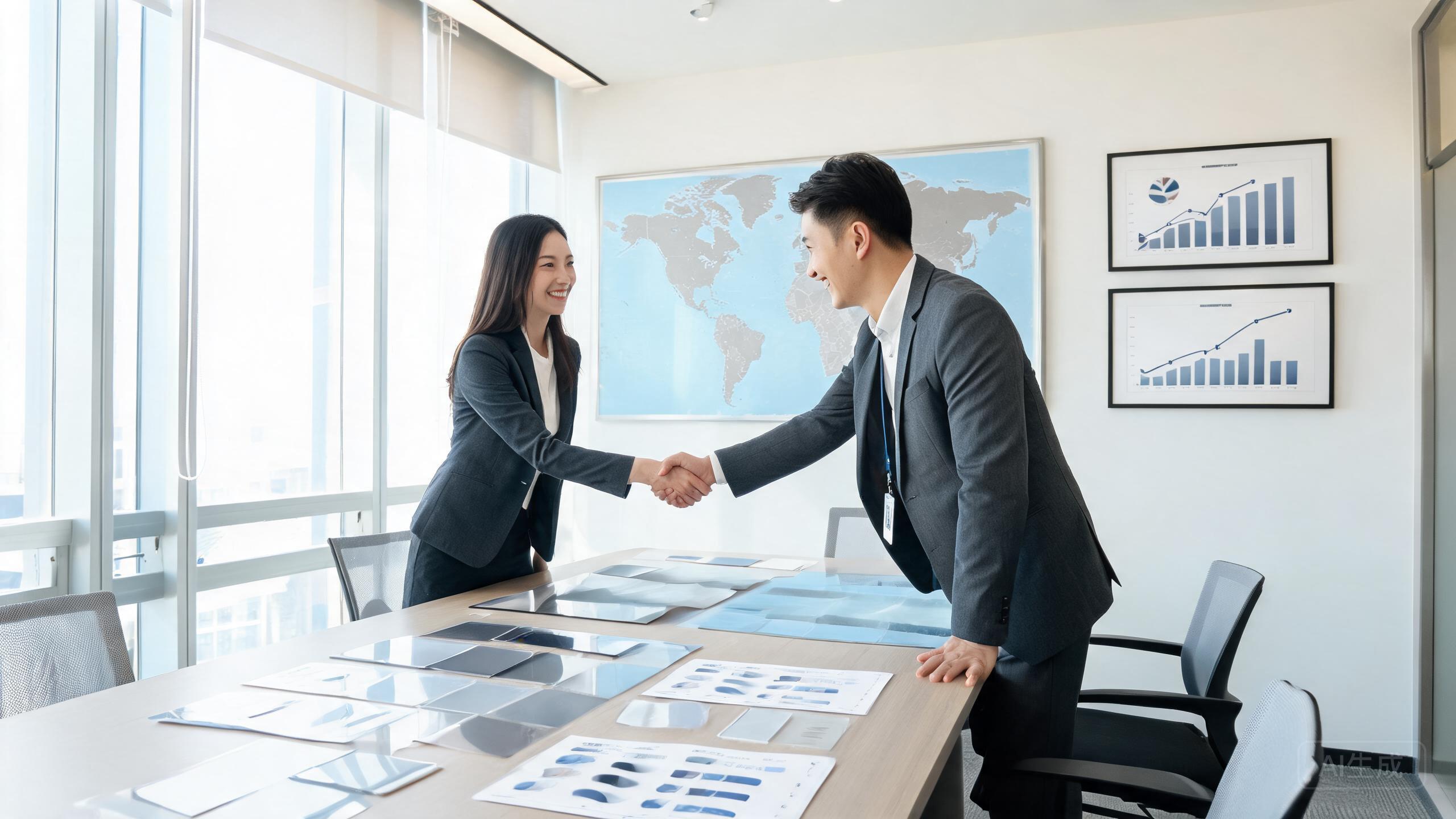 B2B procurement meeting with PPF factory representative and buyer shaking hands over paint protection film samples and product specification sheets.