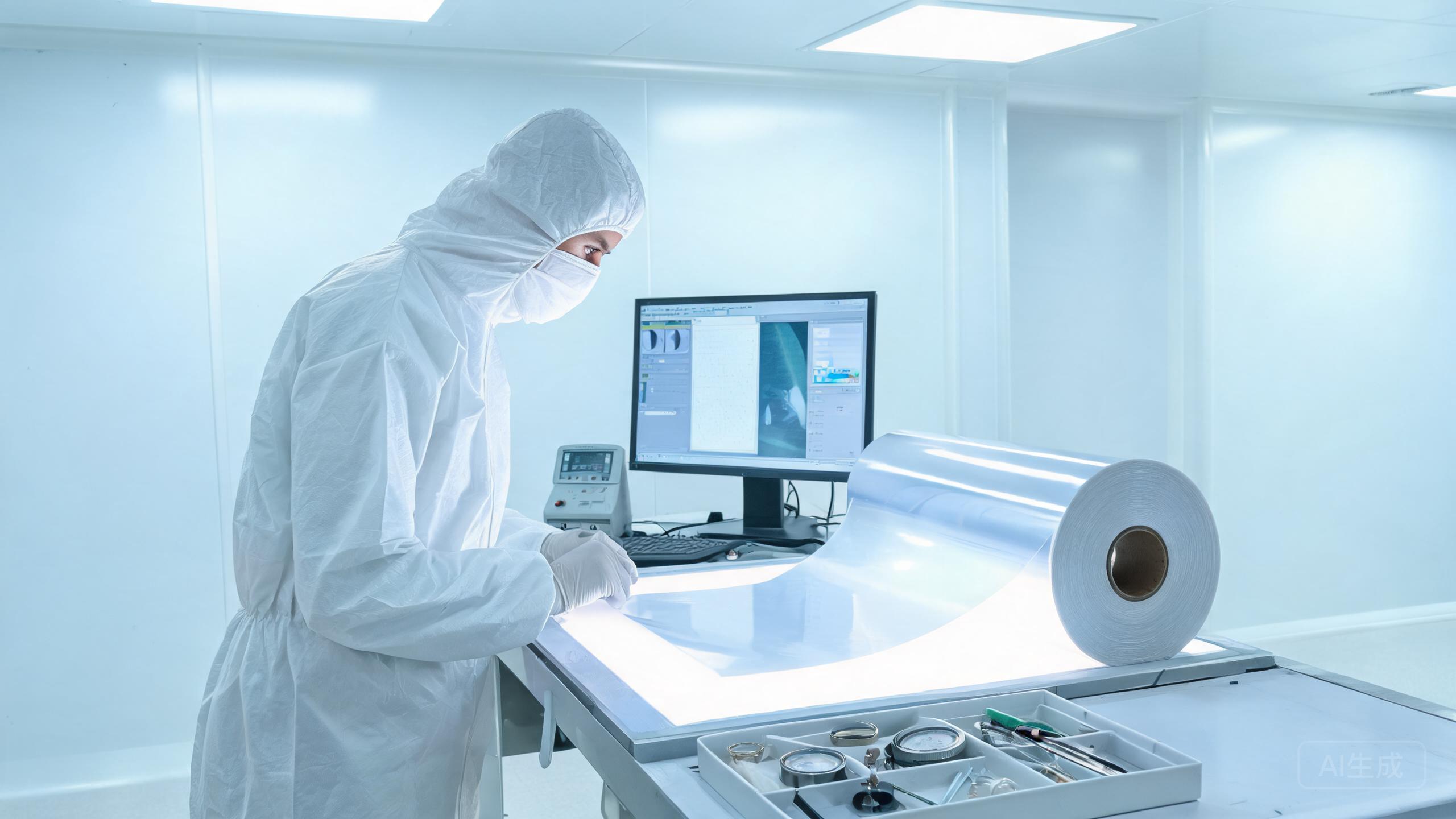 Quality control technician inspecting PPF paint protection film roll under bright inspection lights using precision testing instruments.