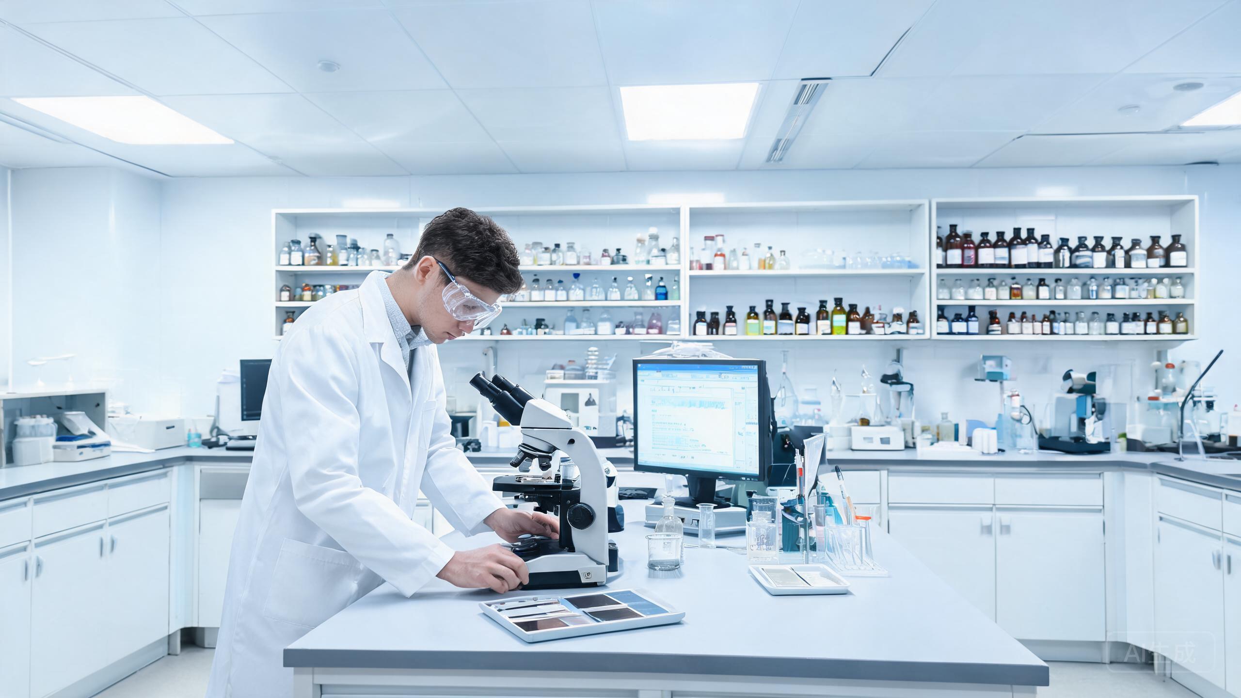 Scientist in white lab coat conducting PPF research and development with advanced testing equipment and film samples in a modern laboratory.