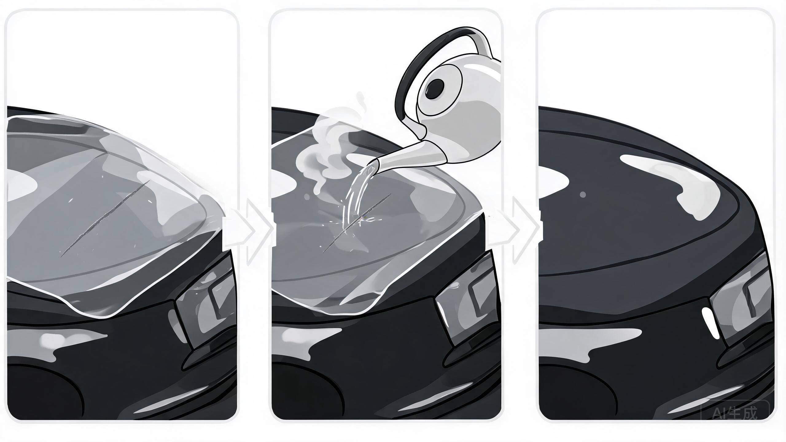 Three-step sequence showing a scratched PPF surface healed by hot water back to smooth full recovery.