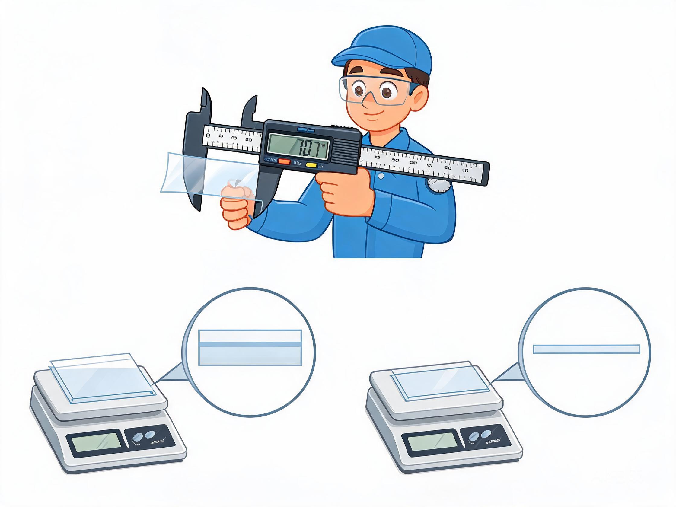 Technician measuring PPF substrate thickness with a digital caliper, comparing premium and budget film samples.