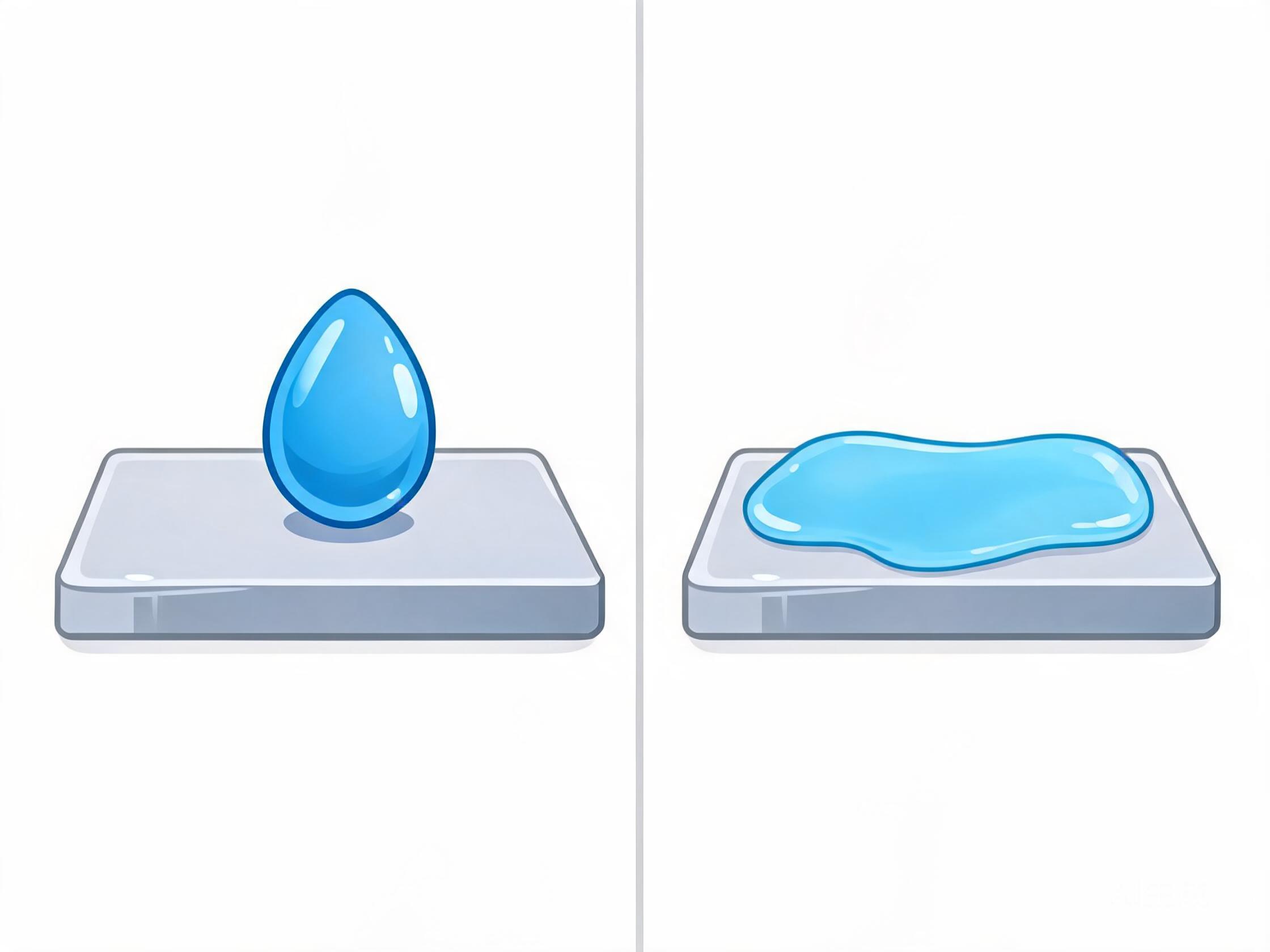 Side-by-side comparison of a water droplet beading on hydrophobic PPF versus spreading flat on hydrophilic film.