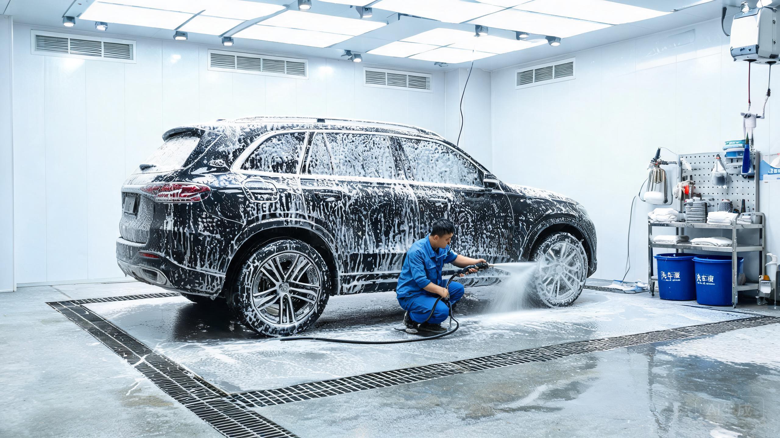 professional high-pressure car washing in service center