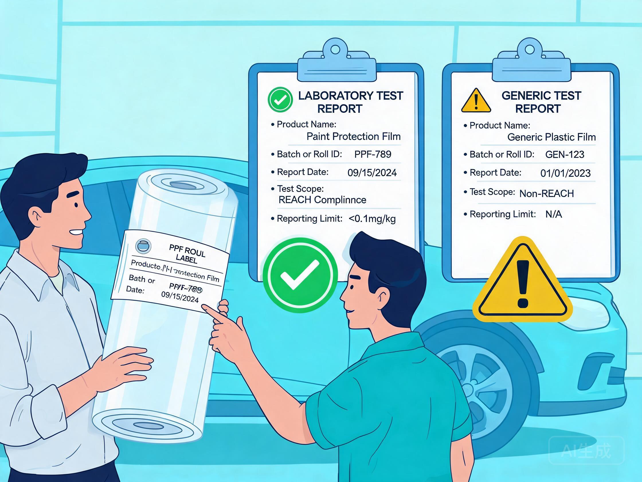 Cartoon PPF buyer checking product name, batch number, report date, test scope and reporting limit on a REACH report