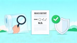 Cartoon REACH compliance guide for PPF buyers, showing a transparent paint protection film roll, laboratory report, chemical symbols and a shield-shaped quality badge