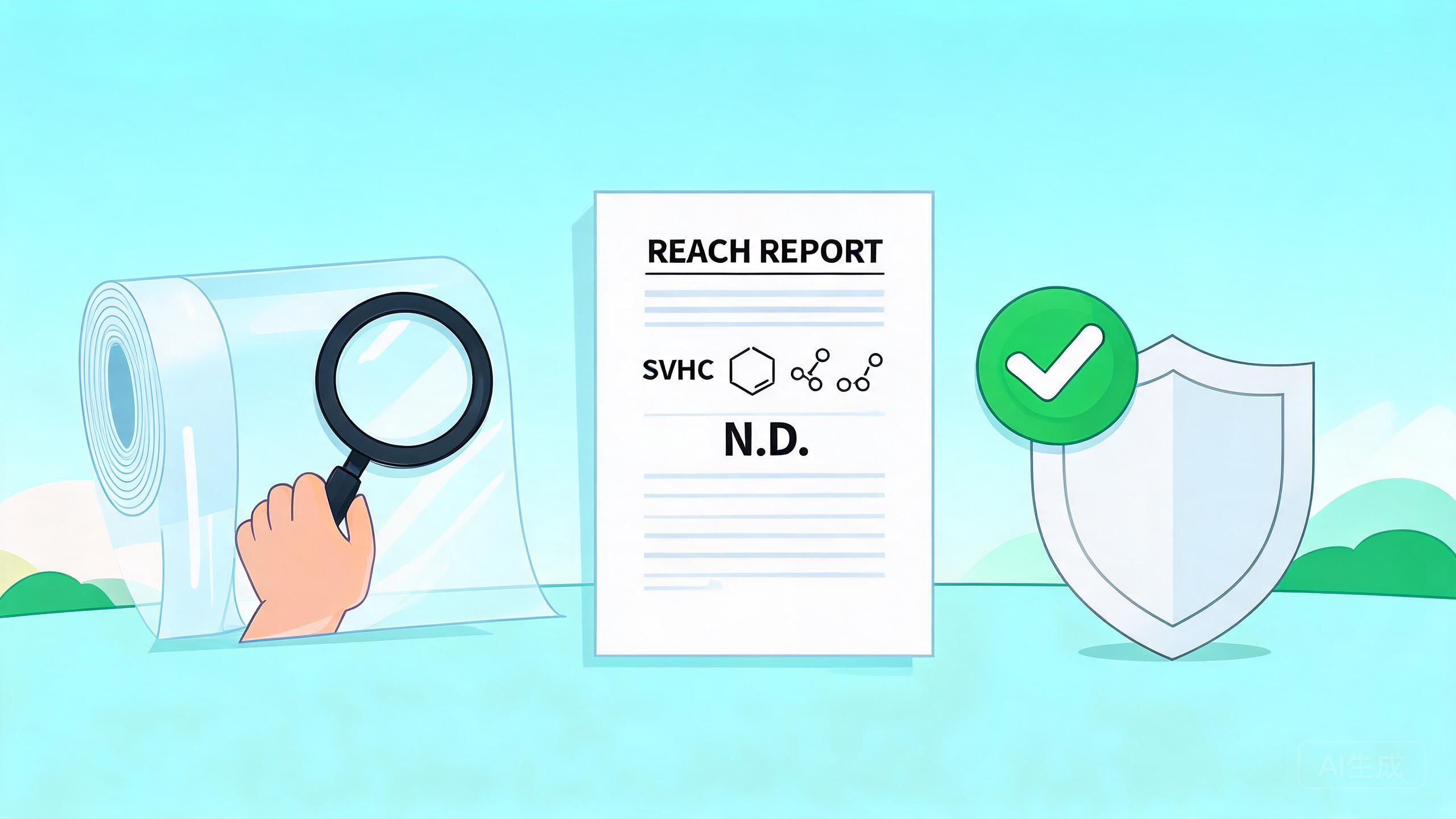 Cartoon REACH compliance guide for PPF buyers, showing a transparent paint protection film roll, laboratory report, chemical symbols and a shield-shaped quality badge