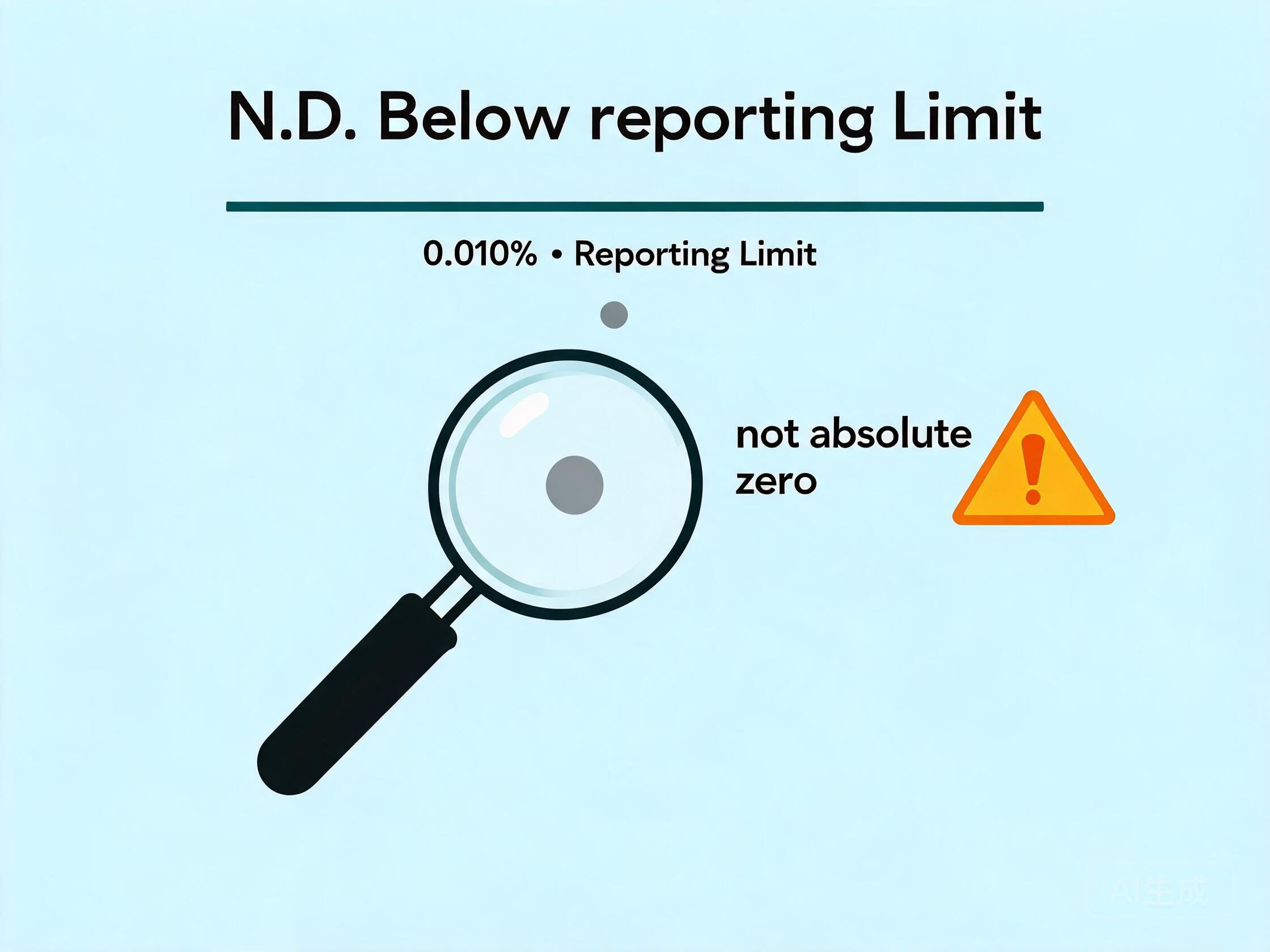 Cartoon laboratory scale explaining N.D. as not detected above a 0.010 percent reporting limit, not absolute zero