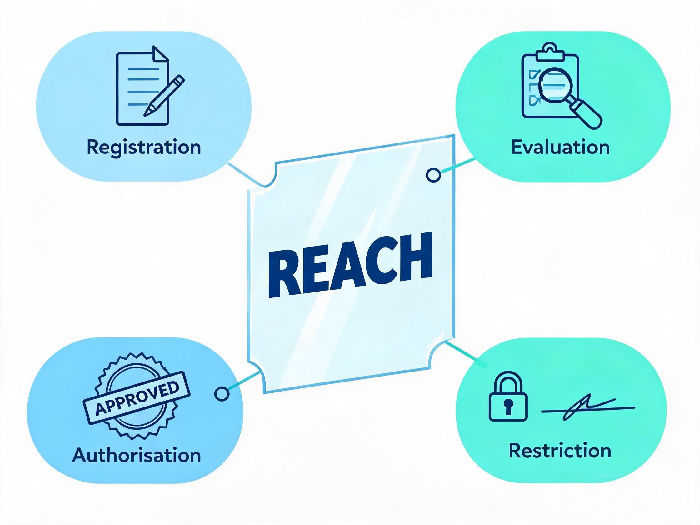 Cartoon explanation of REACH showing registration, evaluation, authorisation and restriction around a transparent PPF sample