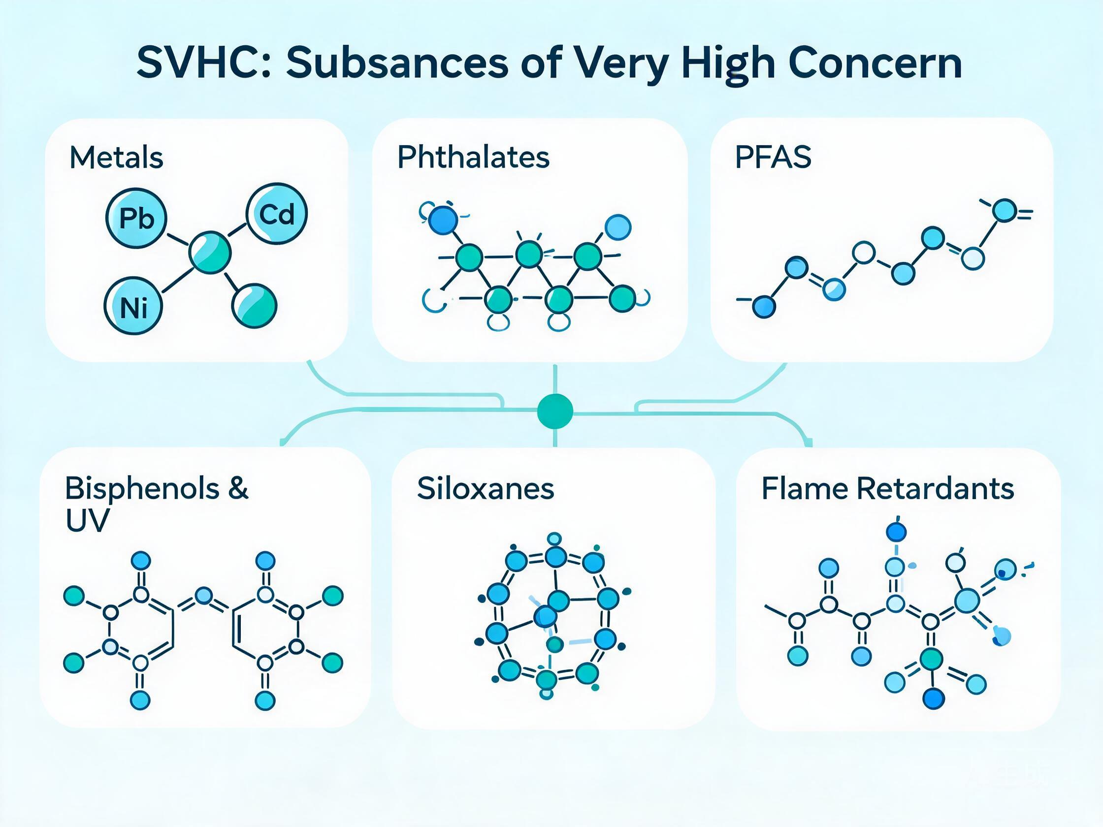 Cartoon molecular group map showing SVHC examples such as phthalates, metals, PFAS, UV stabilizers and siloxanes