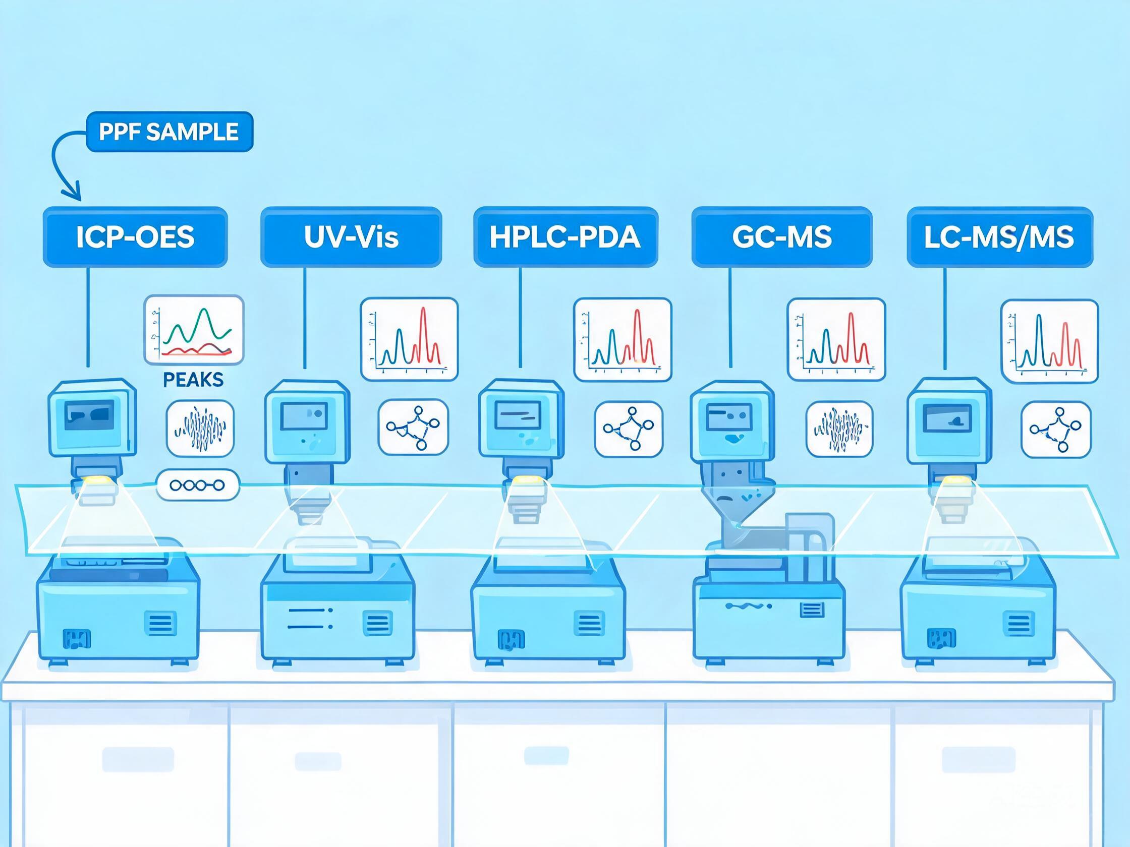 Cartoon laboratory workflow showing ICP-OES, UV-Vis, HPLC-PDA, GC-MS and LC-MS/MS testing of PPF materials