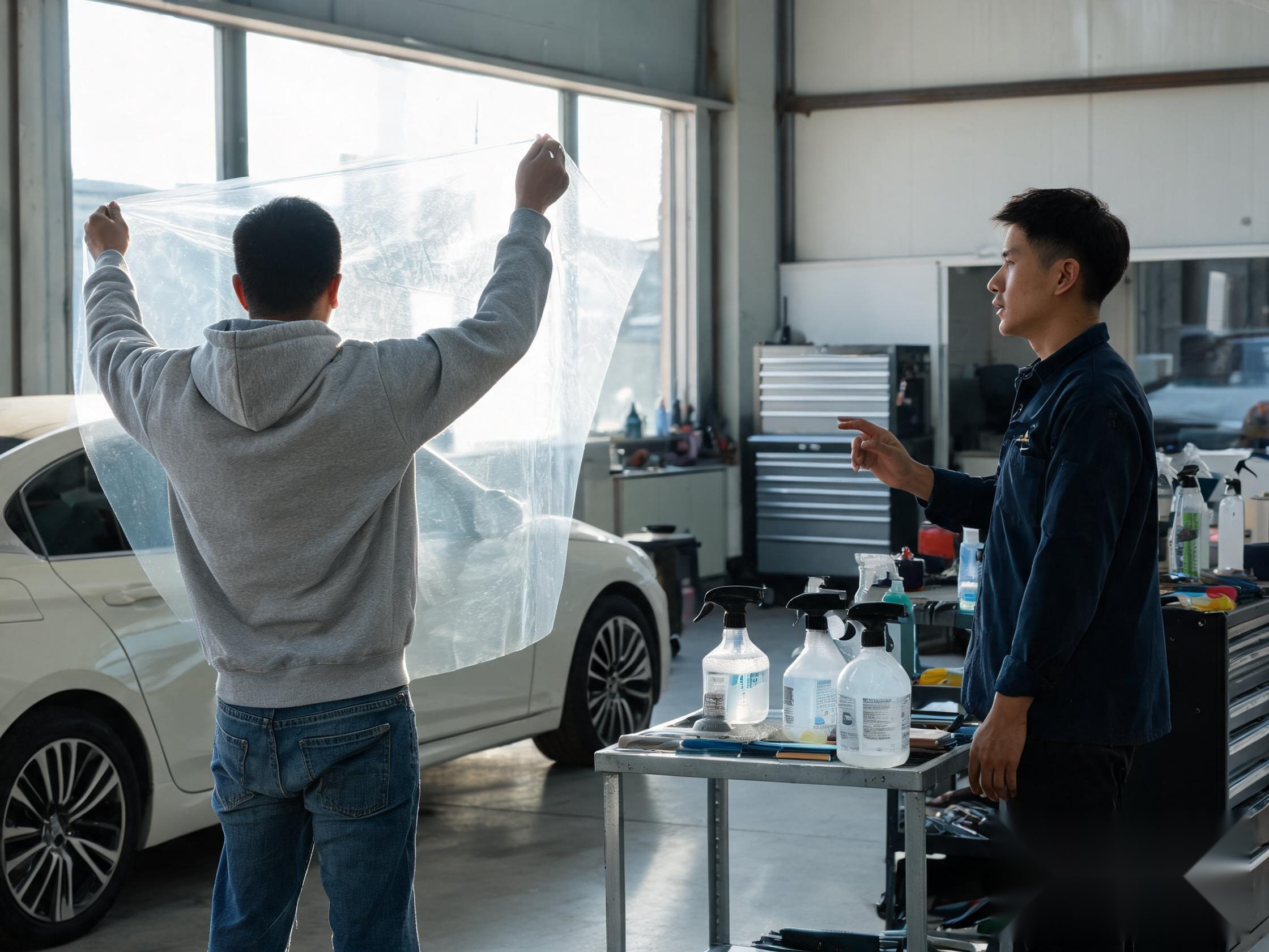 Realistic photo of a car owner examining a transparent protection film sheet with an installer in a film workshop.