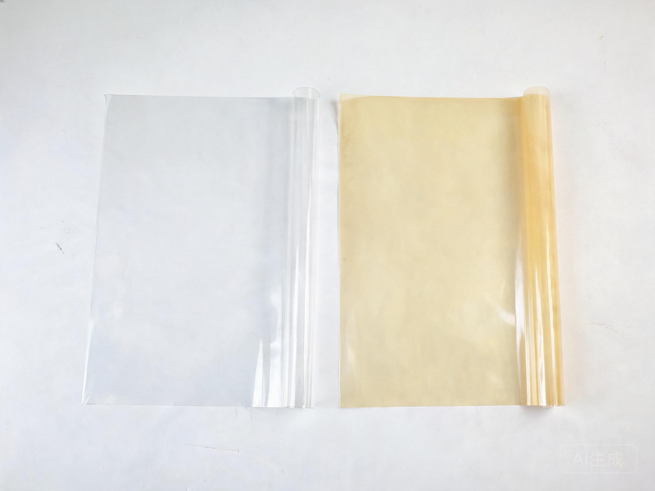 Realistic side-by-side of a clear transparent protection film strip and a visibly yellowed aged film strip, showing the color difference a buyer can expect.