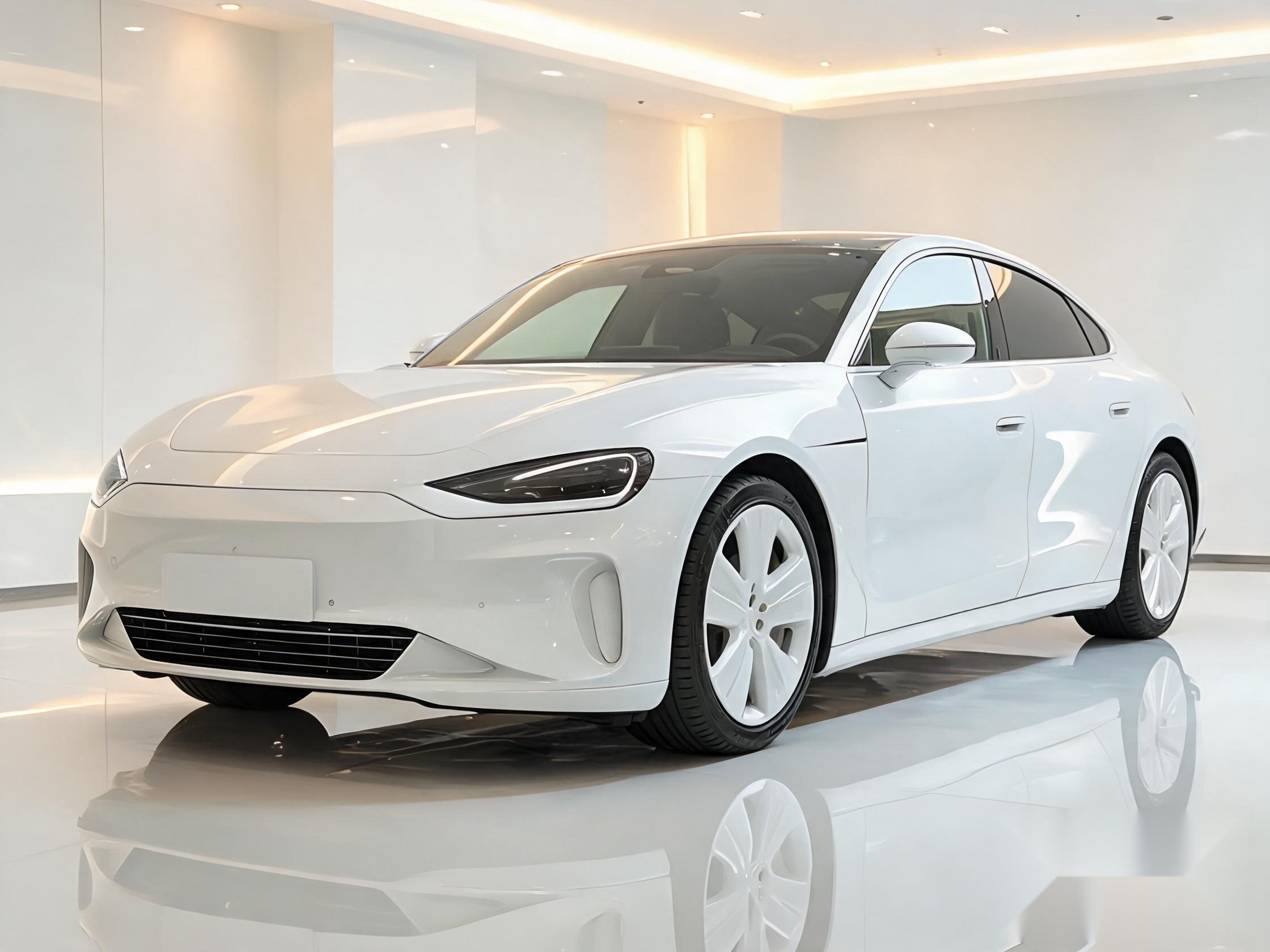 Realistic photo of a glossy white car with freshly installed clear paint protection film parked in a bright showroom.