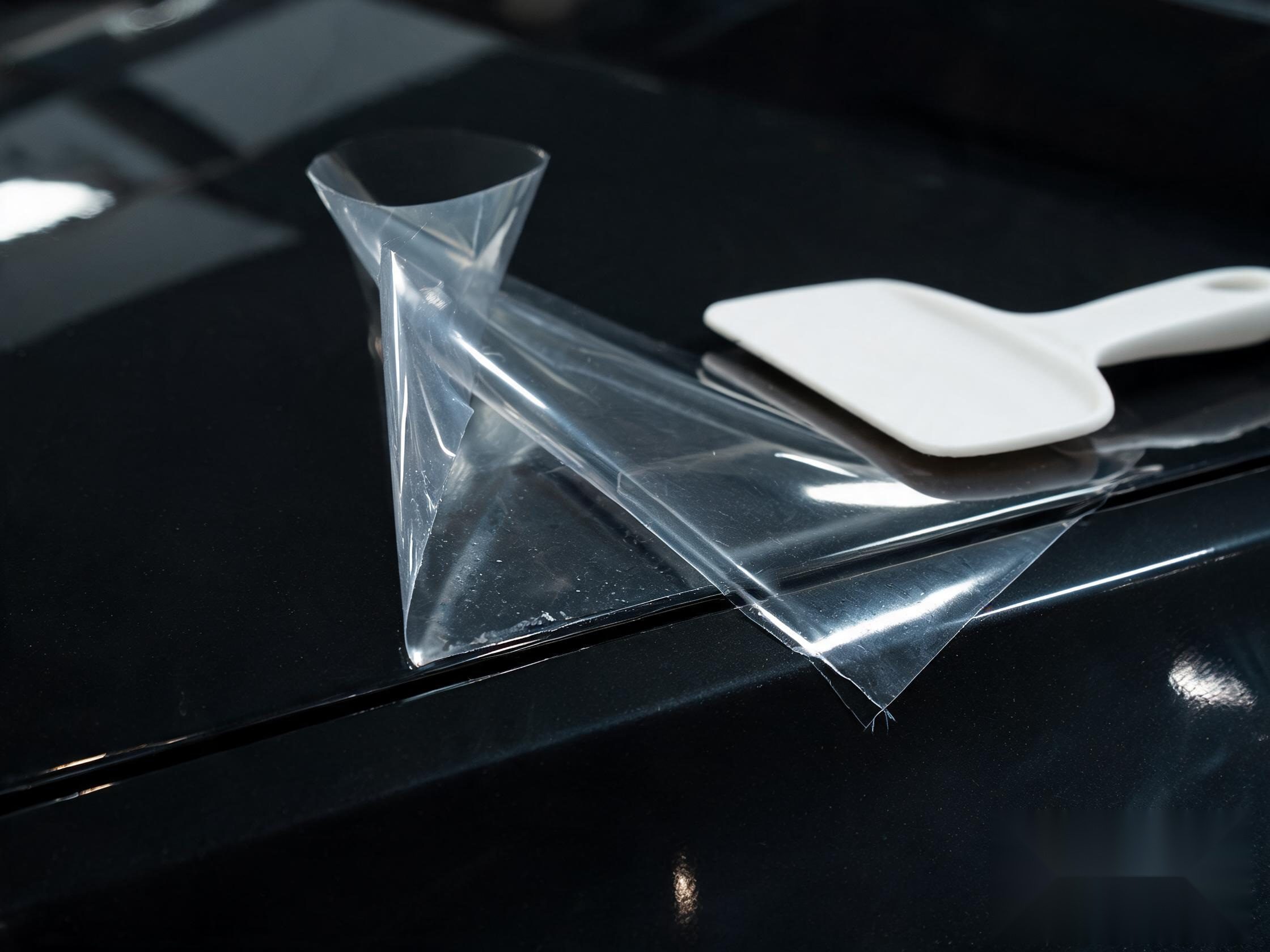 Realistic photo of transparent paint protection film being peeled back from a car panel, showing the film thickness and adhesive layer.