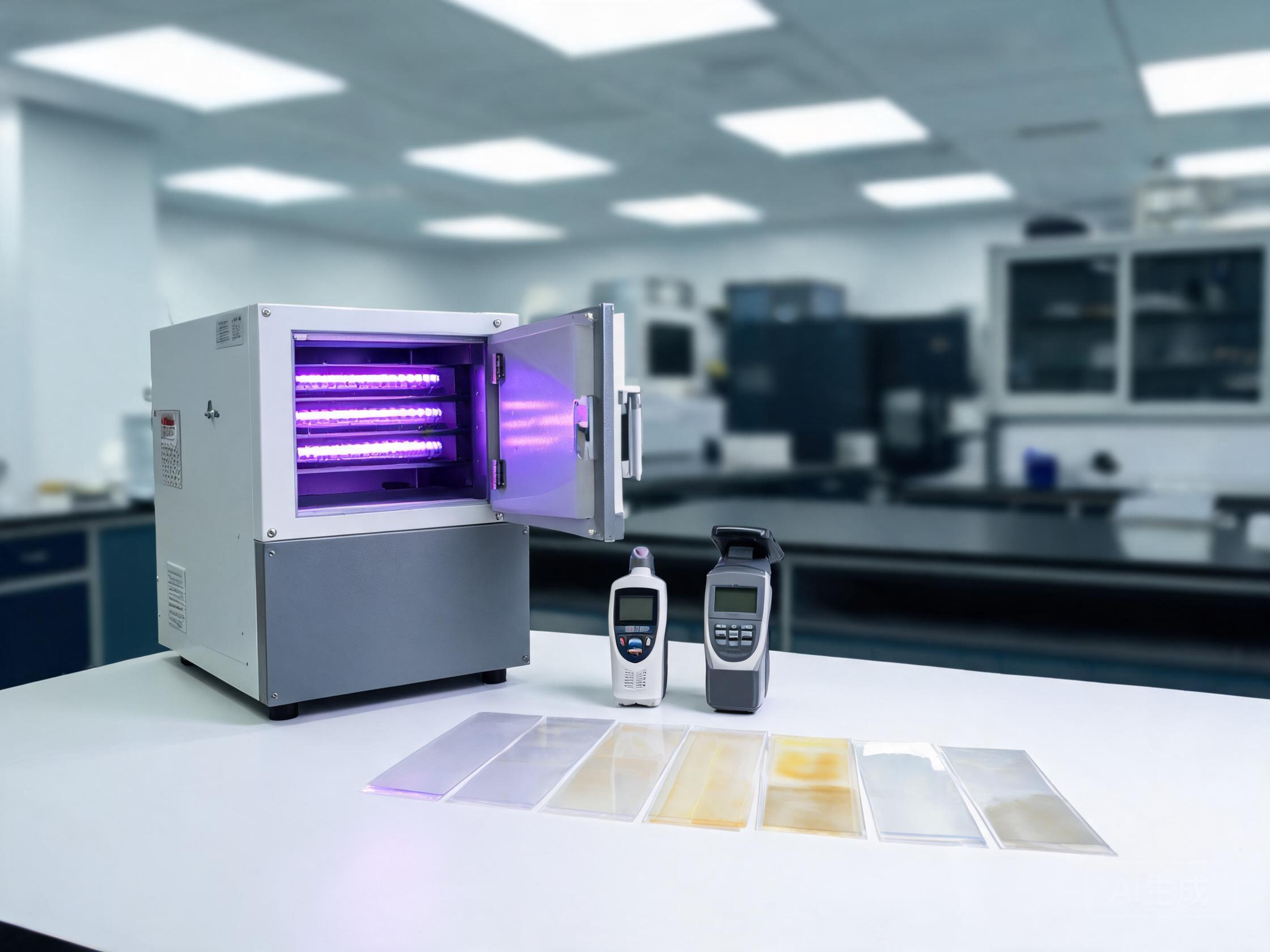 Realistic laboratory with a UV weathering chamber, gloss and color meters, and film samples showing progressive yellowing used to verify anti-yellowing claims.