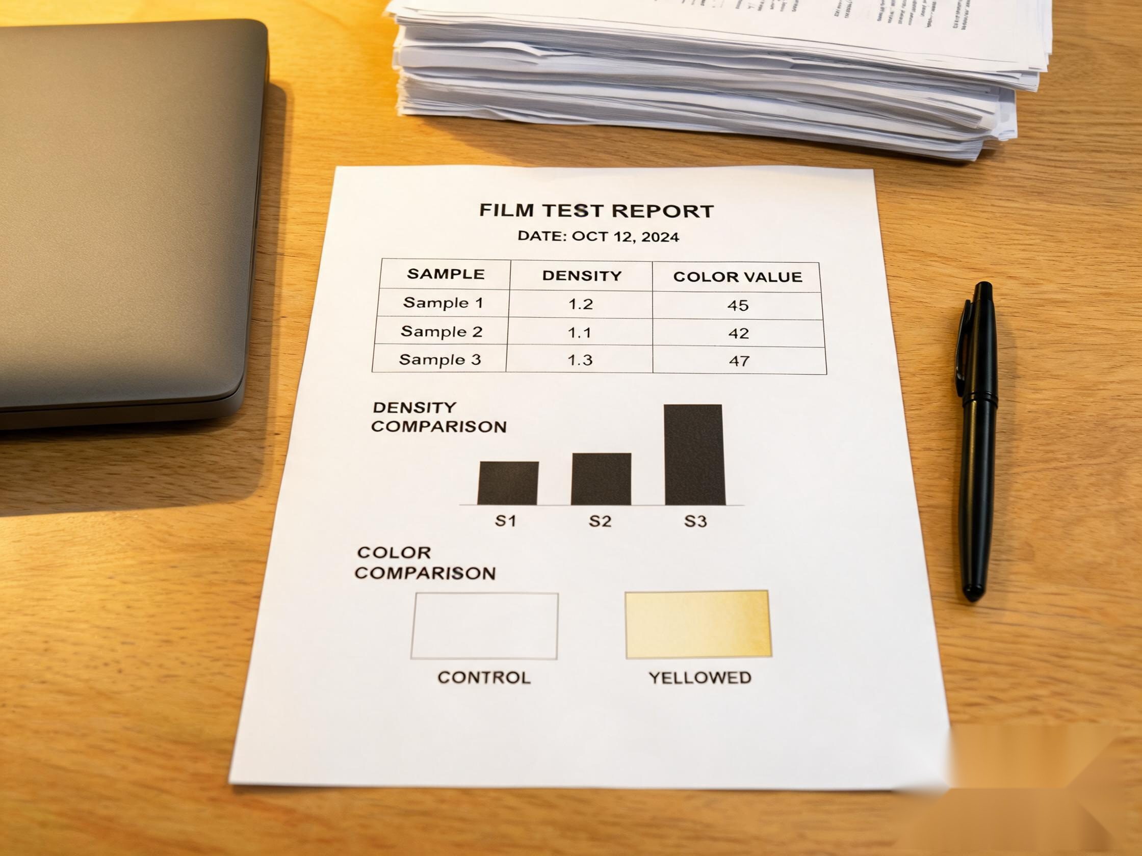 Realistic testing report on a desk with color measurement tables, comparison charts and control-versus-yellowed samples.