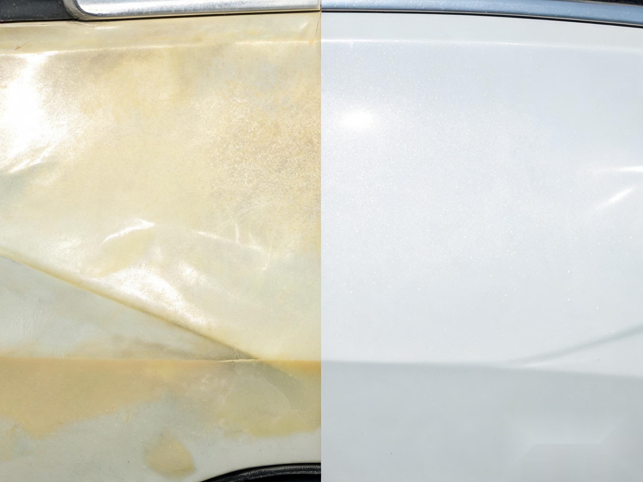 Realistic close-up showing how aged paint protection film can turn yellow over white paint, with a clean white panel beside it for comparison.
