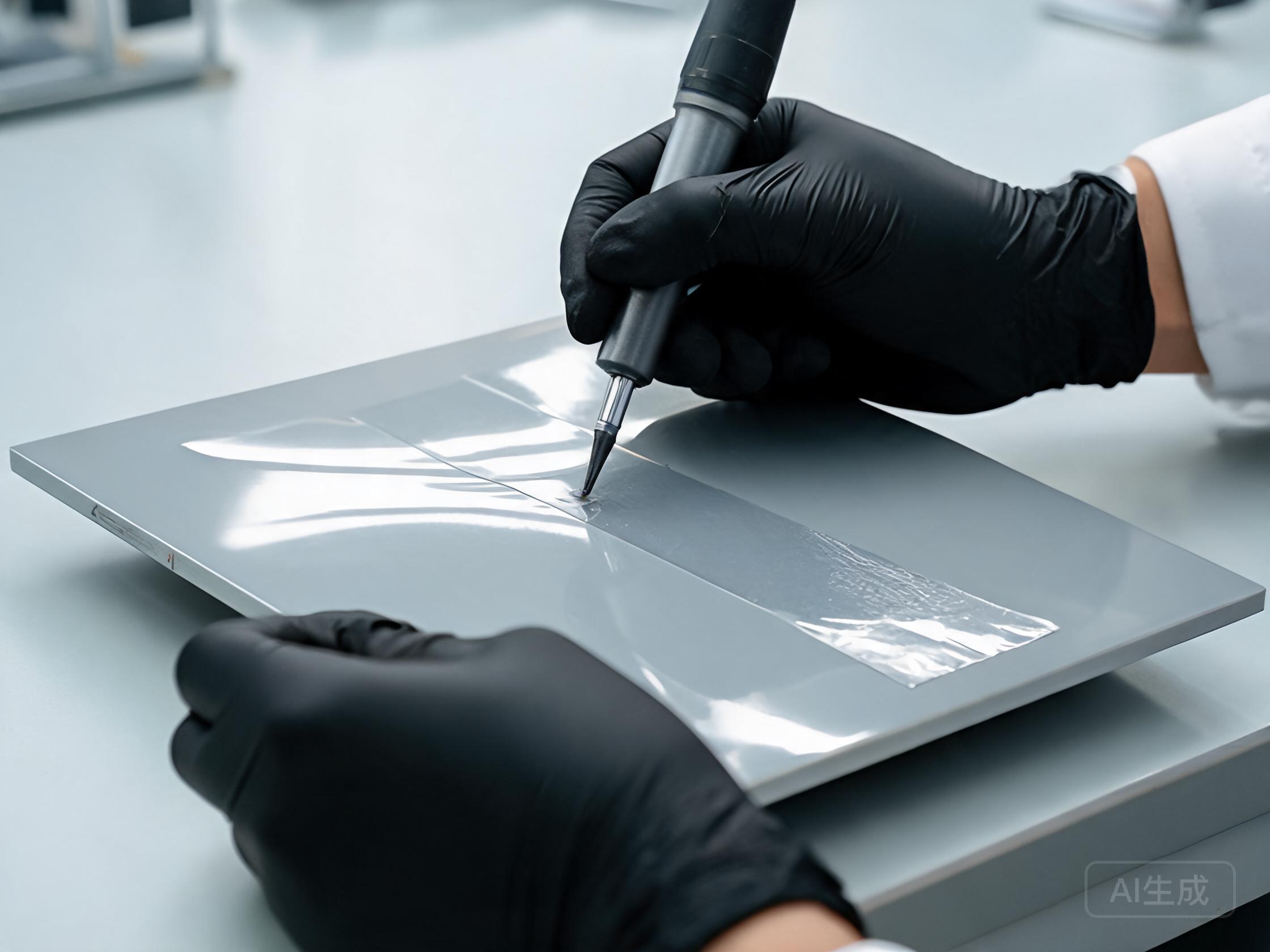 Technician testing PPF sample surface appearance and scratch resistance