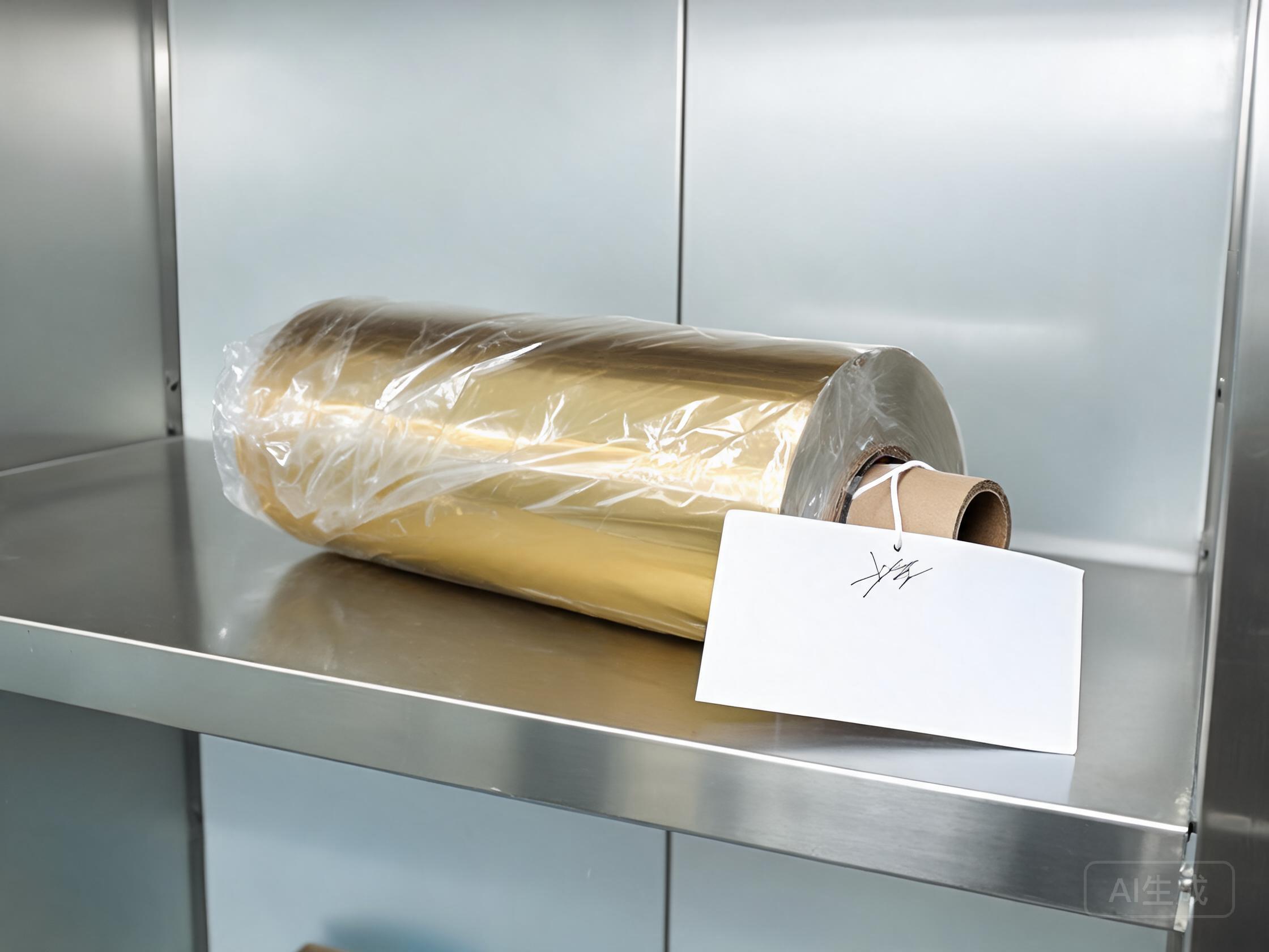Sealed golden PPF sample roll with a signed approval label in a QC cabinet