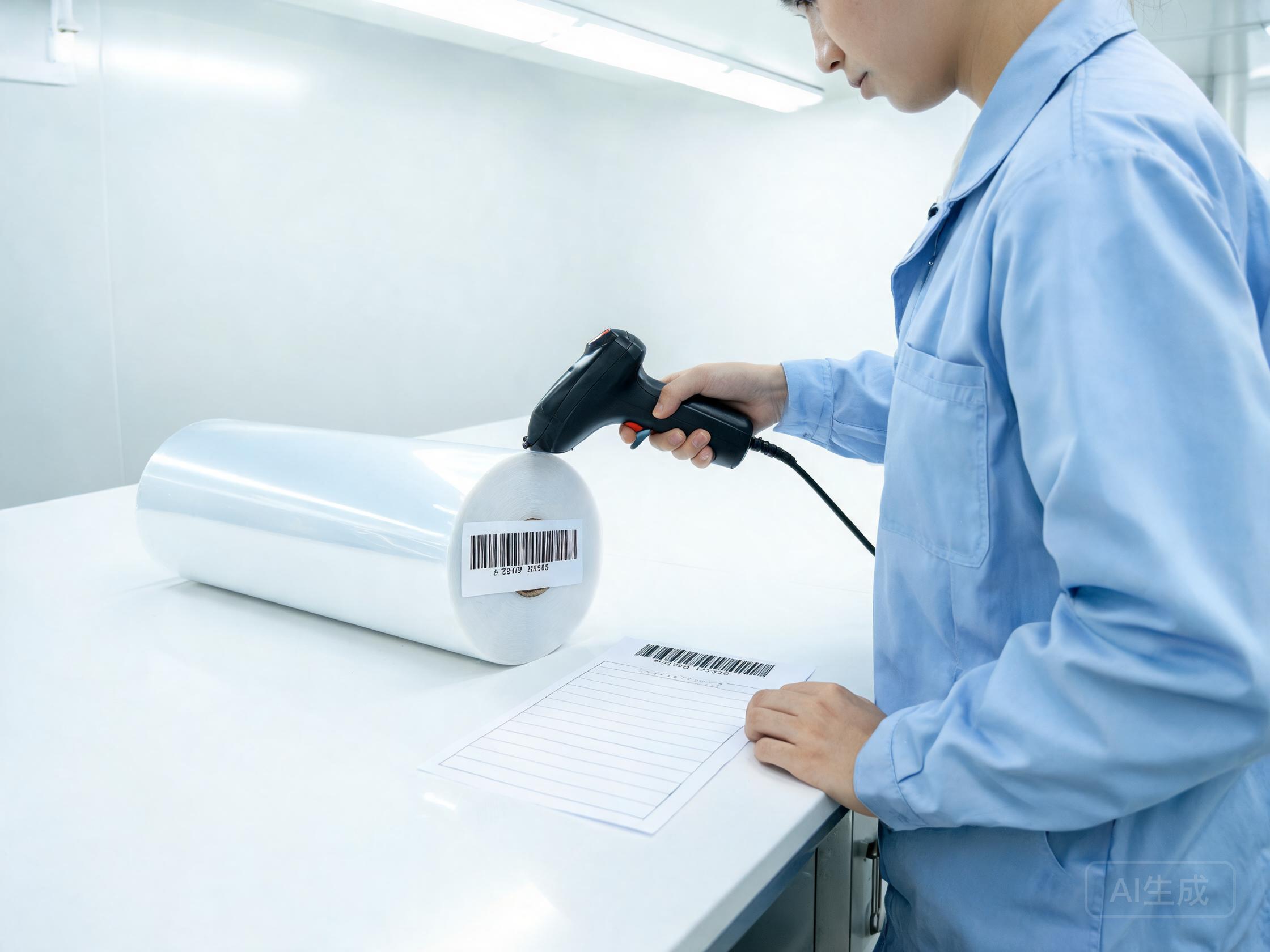 Inspector verifying PPF sample barcode and serial sheet beside the roll